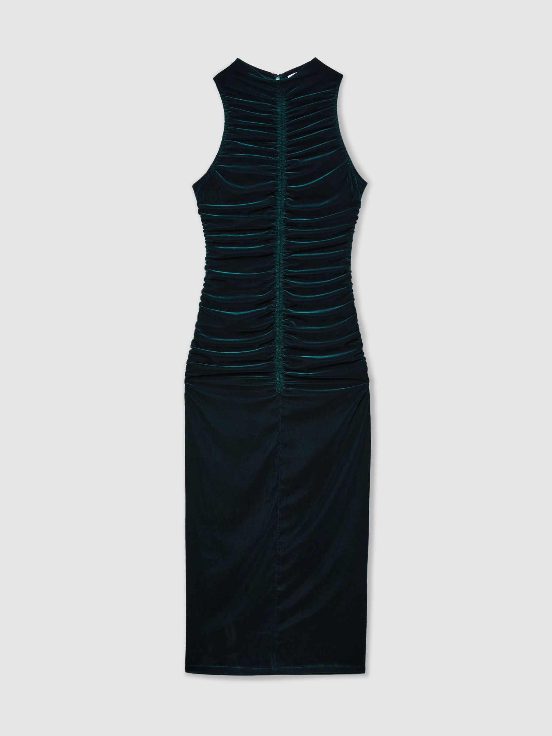 Racer-Front Ruched-Velvet Dress in Teal