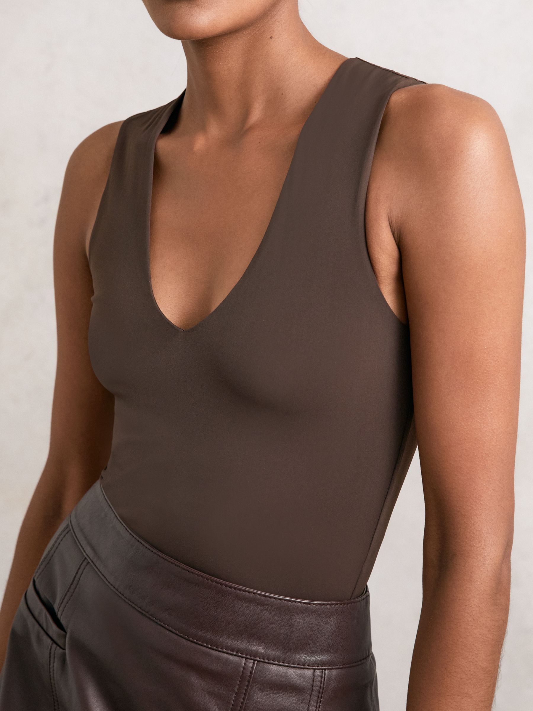 V-Neck Sleeveless Bodysuit in Chocolate Brown
