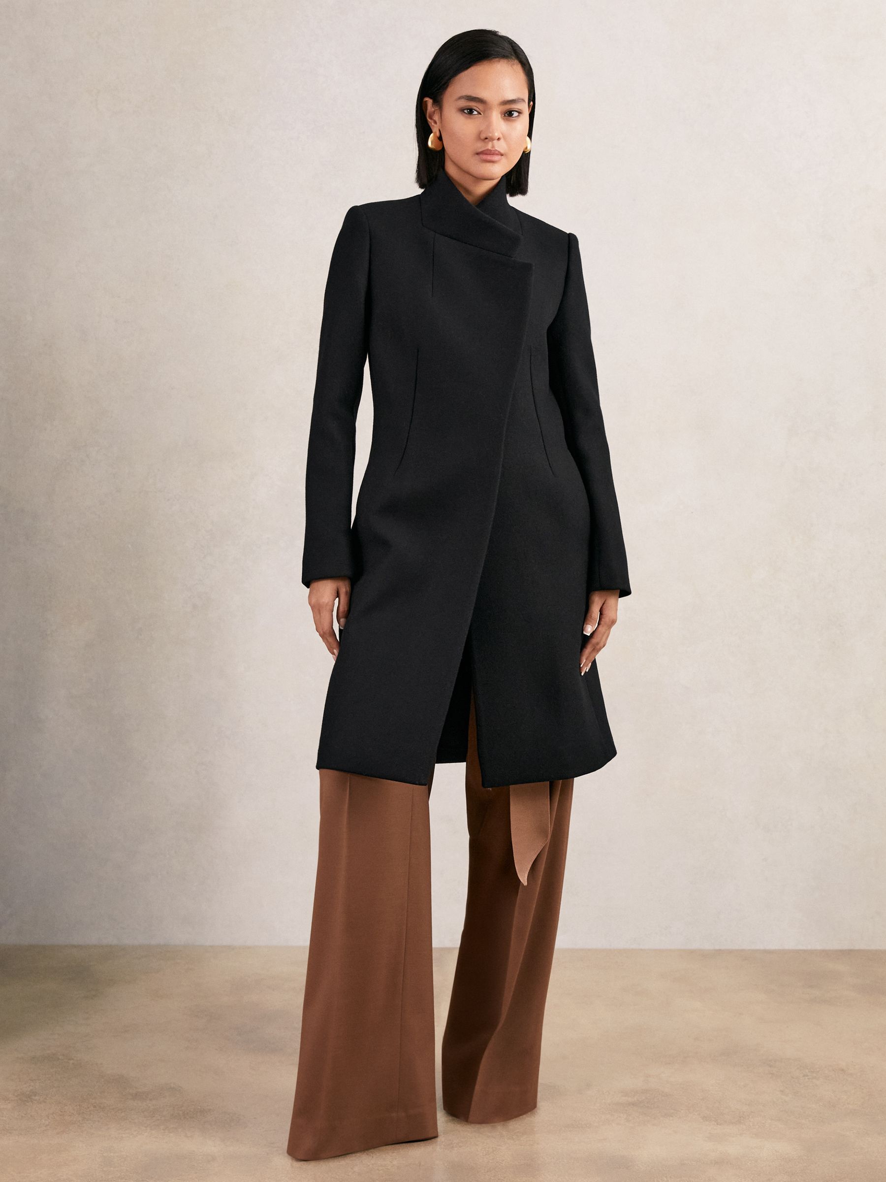 Petite Wool-Blend Wrapover Mid-Length Coat in Black