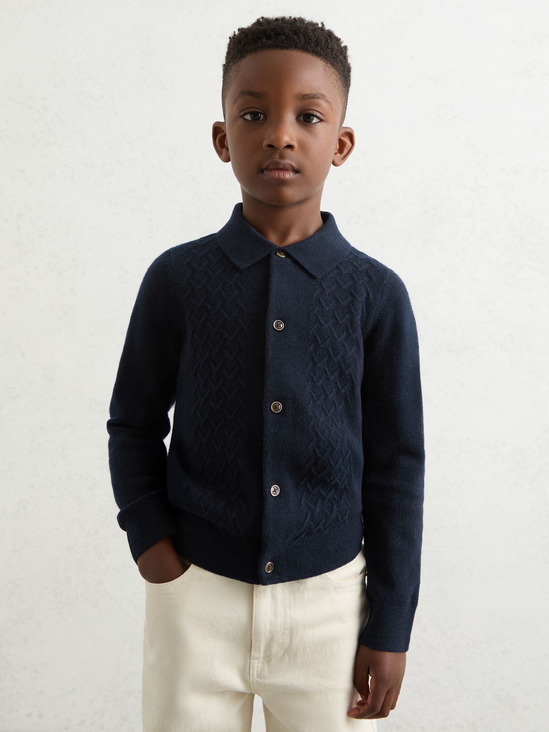 13-14 yrs Wool V-Stitch Button-Through Cardigan in Navy Blue