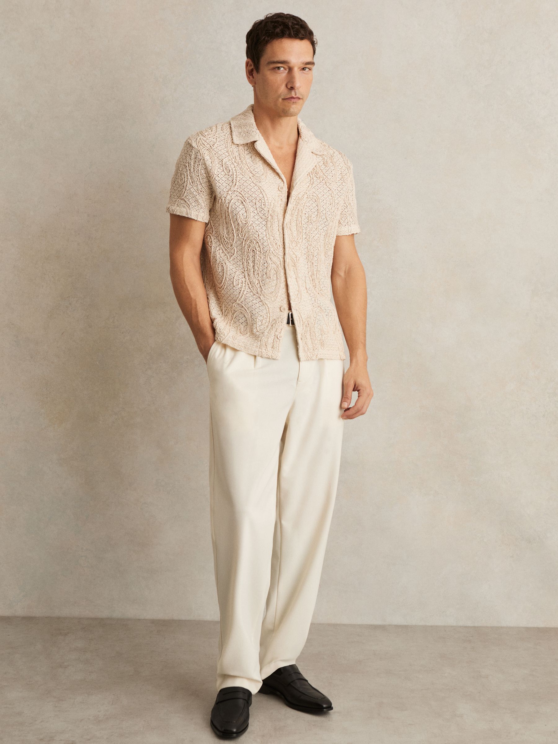 Cotton-Blend Embroidered Crochet Shirt in Oatmeal