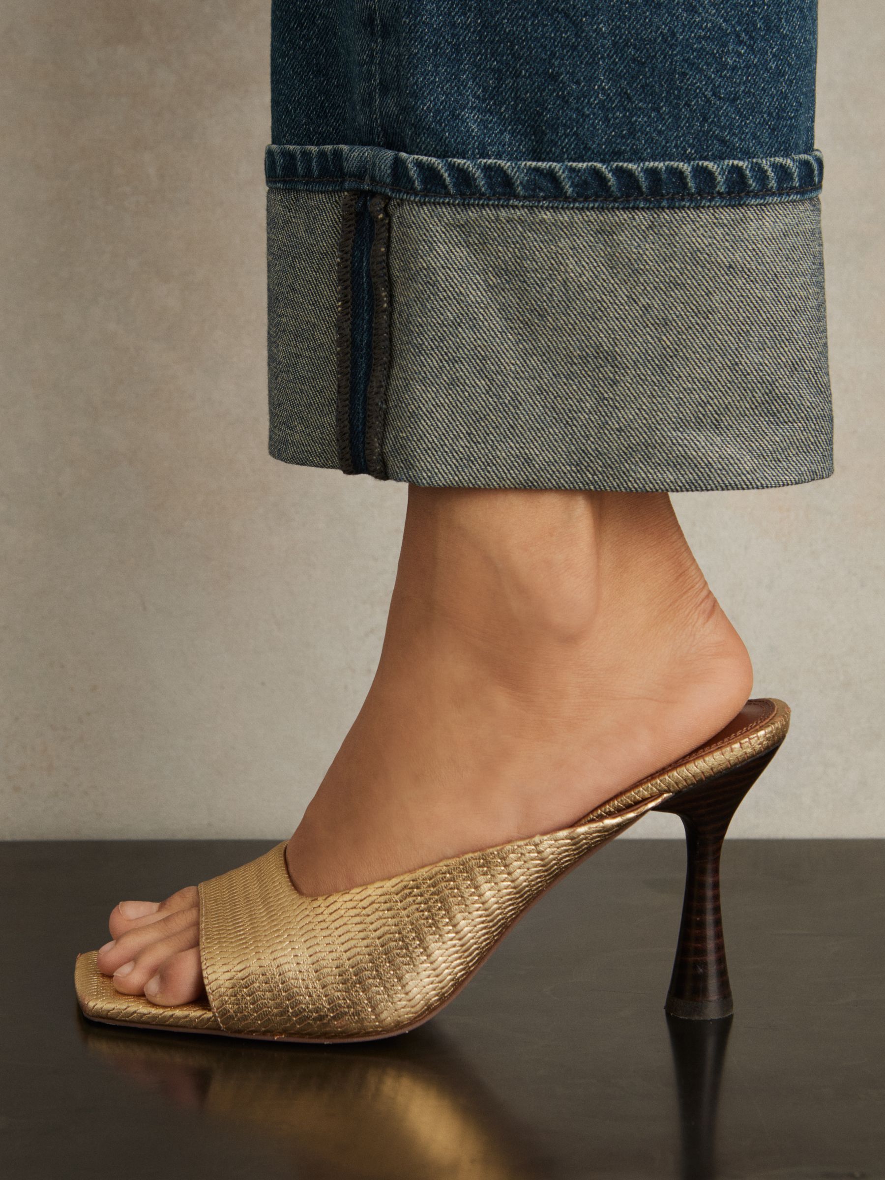 Leather Heeled Mules in Gold