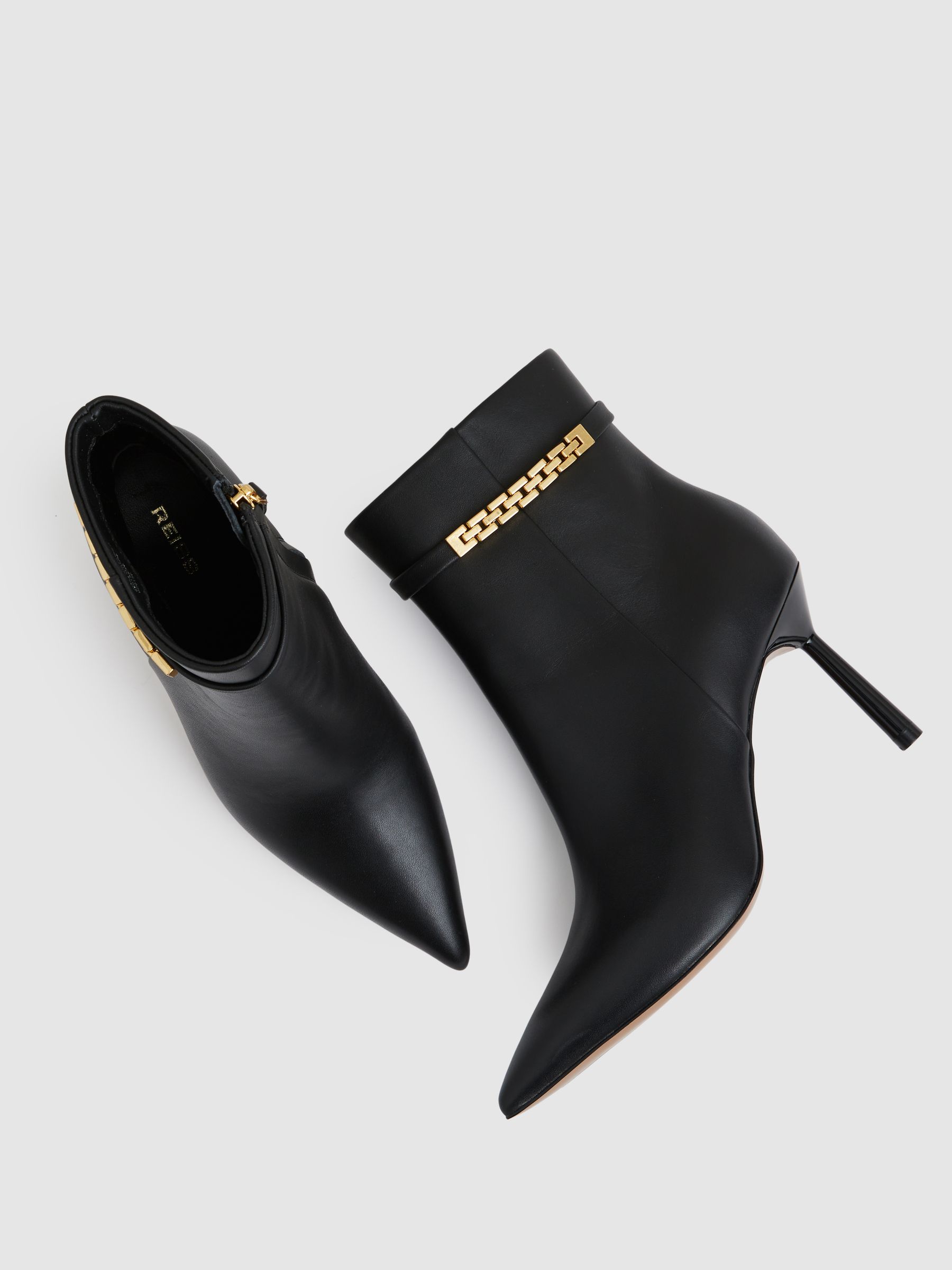 Leather Chain Embellished Ankle Boots in Black