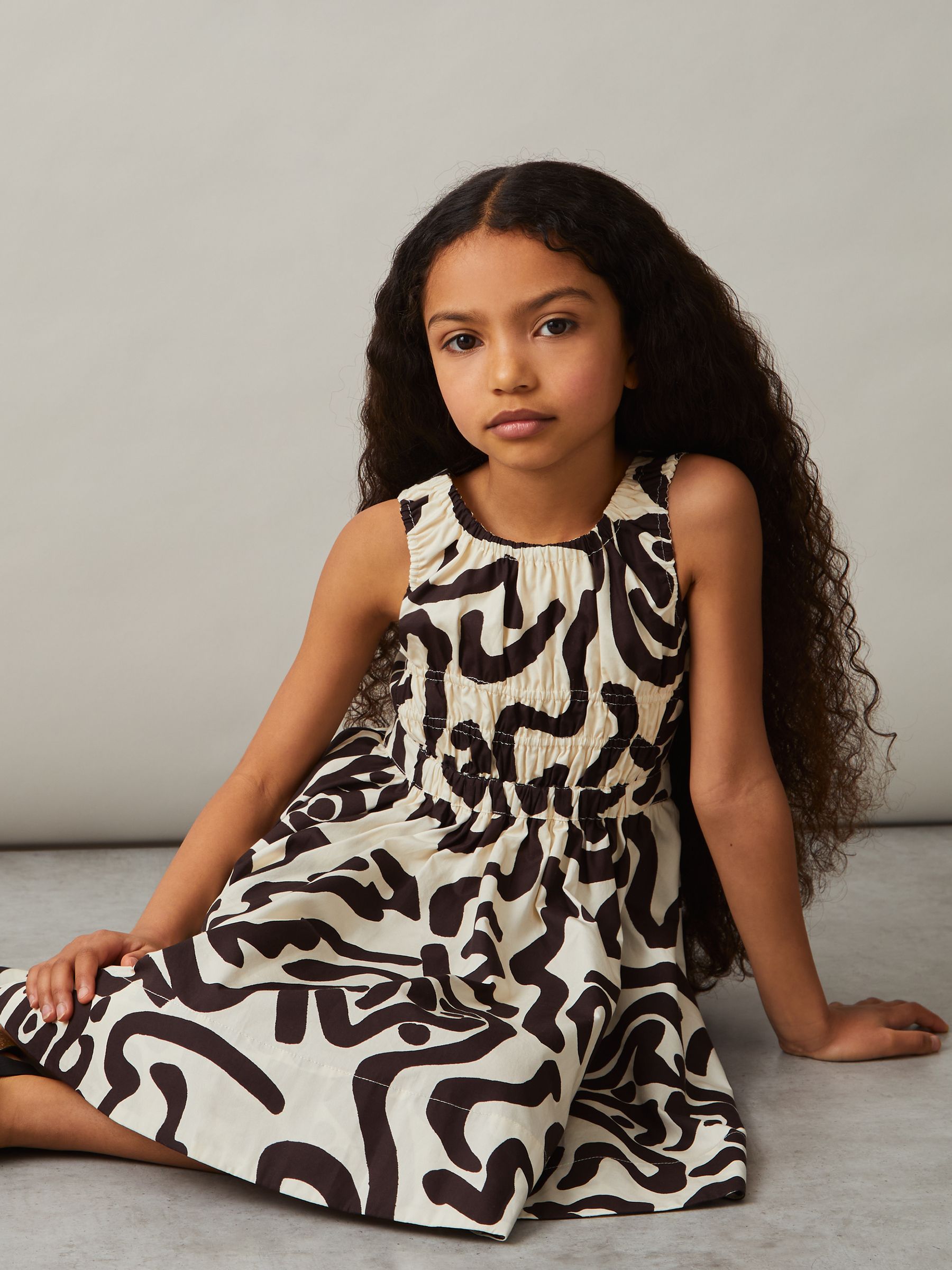 9-13 yrs Cotton Shirred Printed Dress in Ivory Print