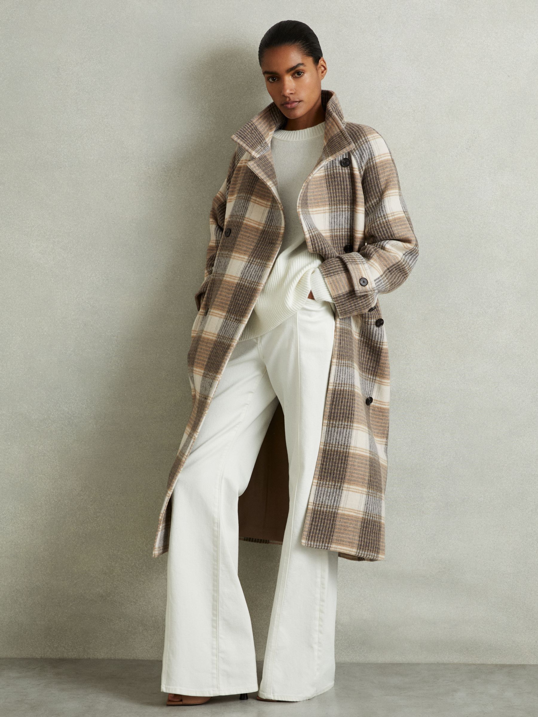 Wool Blend Check Double Breasted Coat in Neutral Check