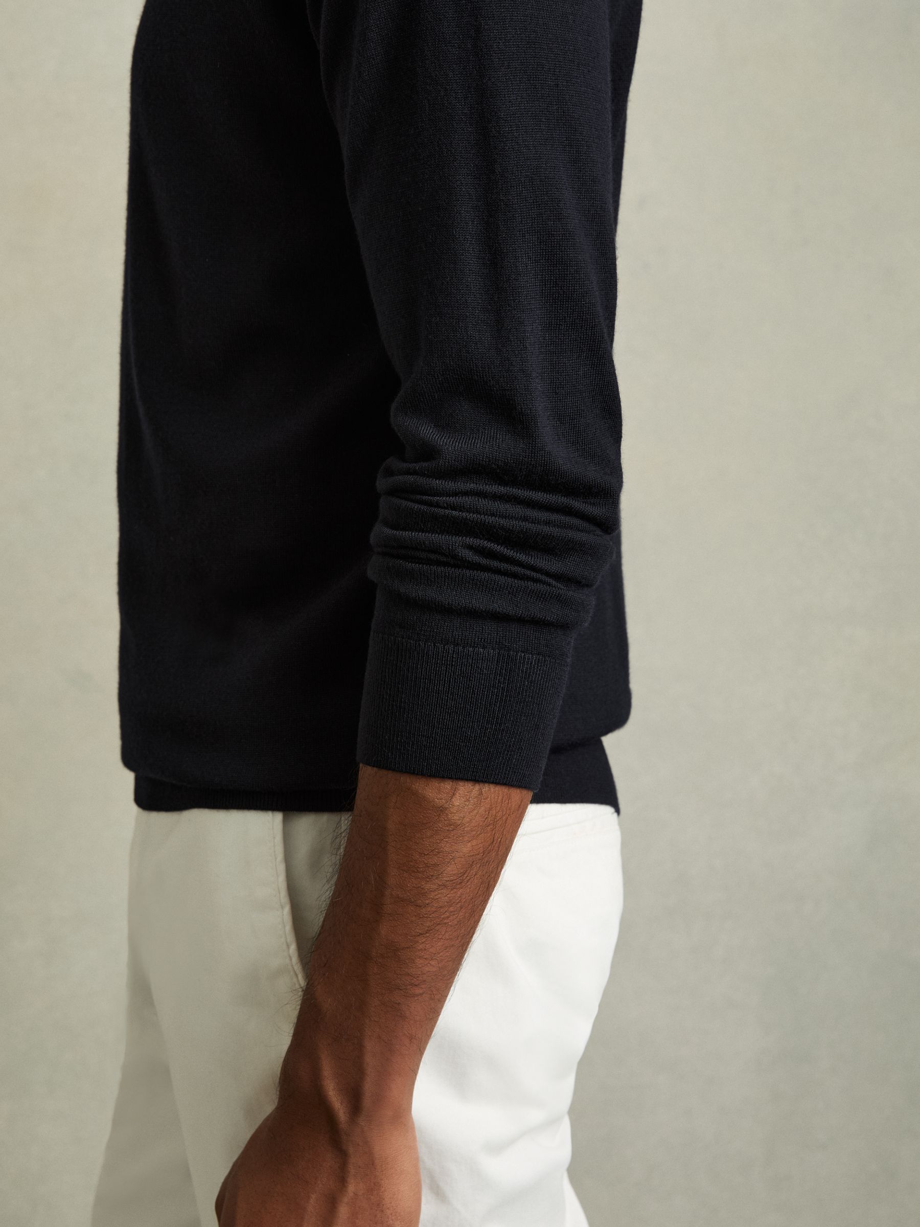 Slim Fit Merino Wool Roll Neck Jumper in Navy