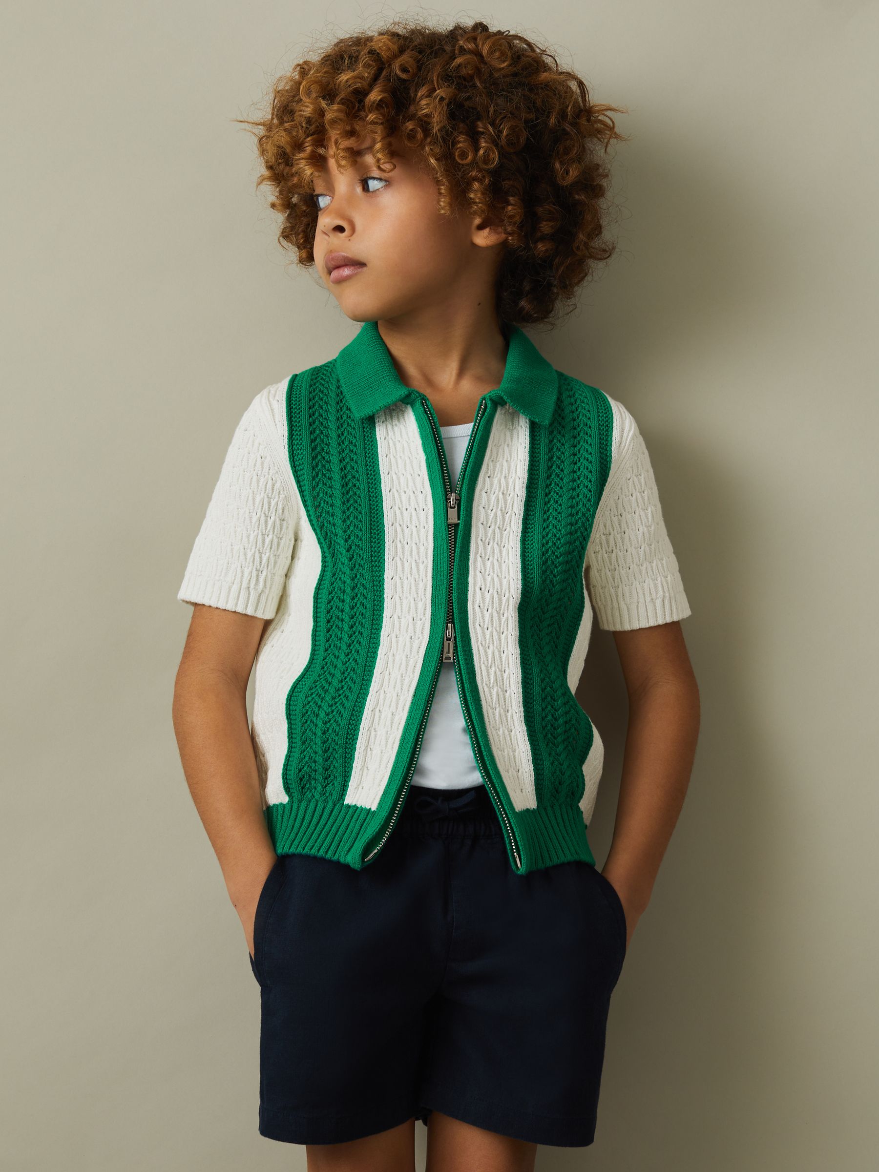 3-9 yrs Knitted Cotton Zip-Front Shirt in White/Bright Green