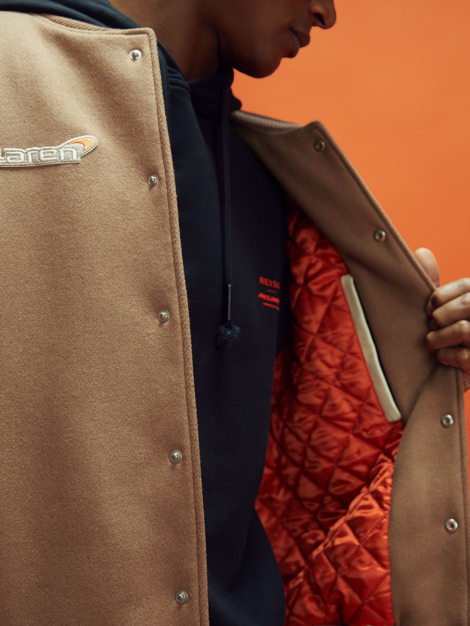 McLaren F1 Leather Varsity Jacket in Camel/Ecru