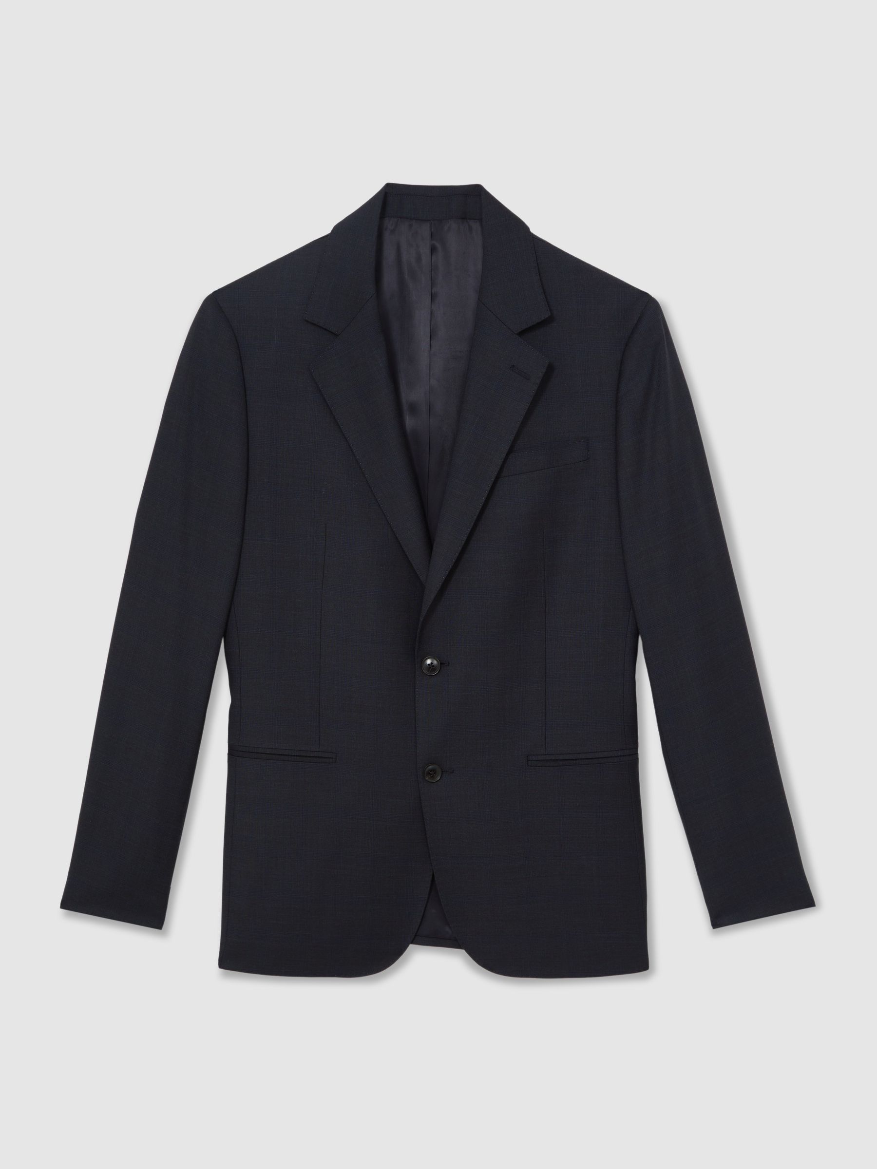 Slim-Fit Wool Single Breasted Check Suit Blazer in Navy