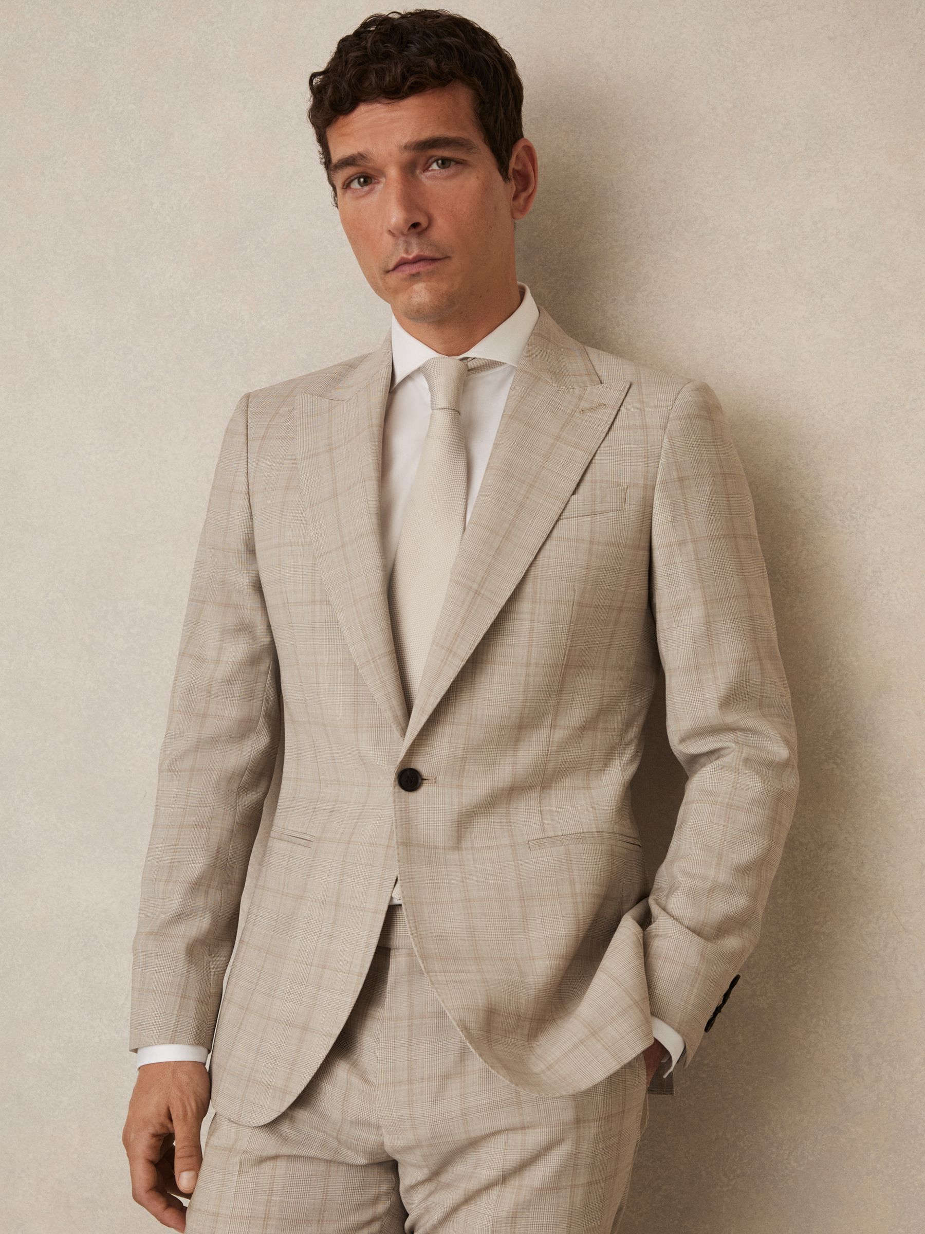 Slim-Fit Single-Breasted Wool Check Suit Blazer in Oatmeal Brown