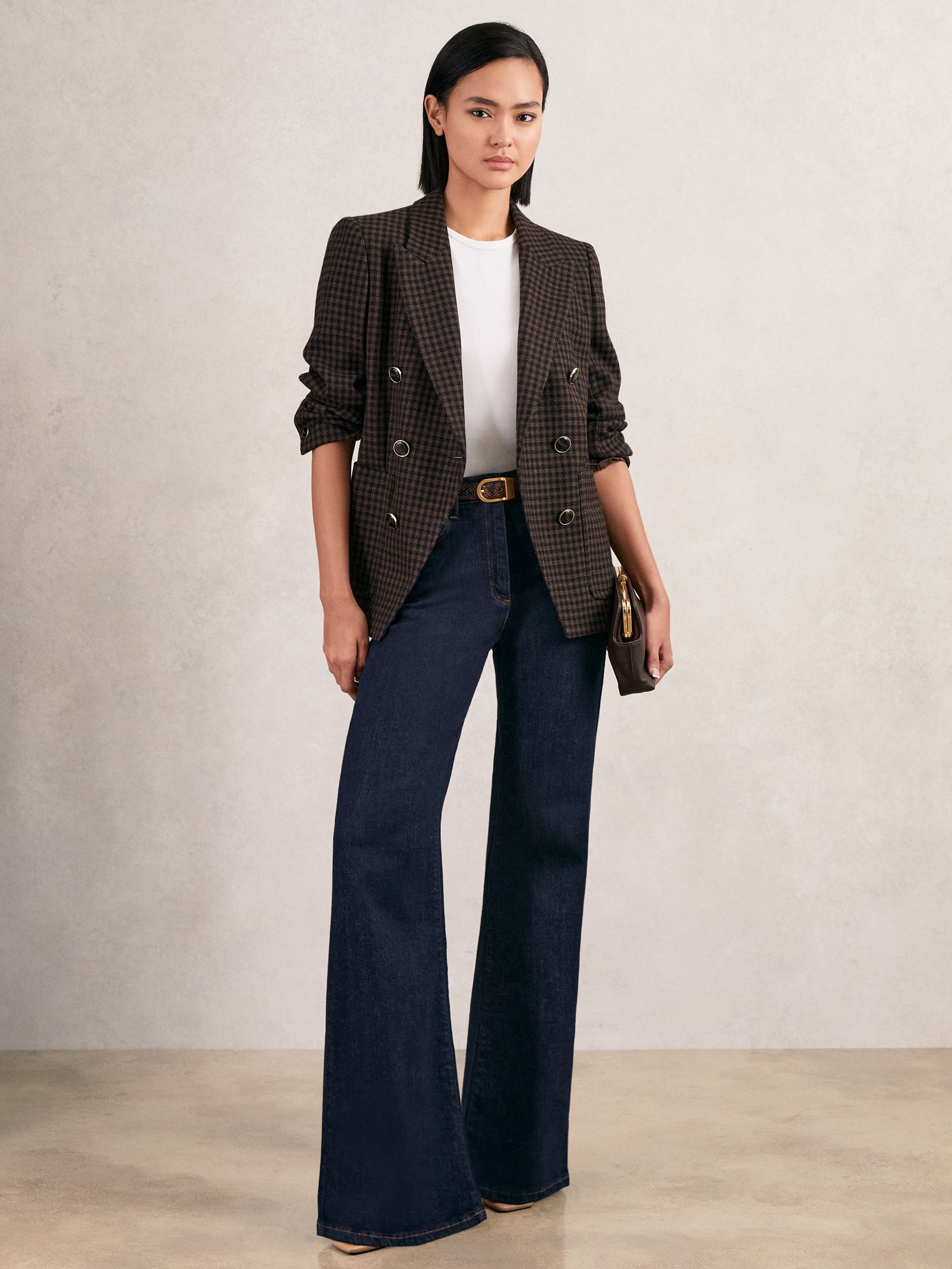 Wool-Blend Double-Breasted Check Blazer in Brown Check