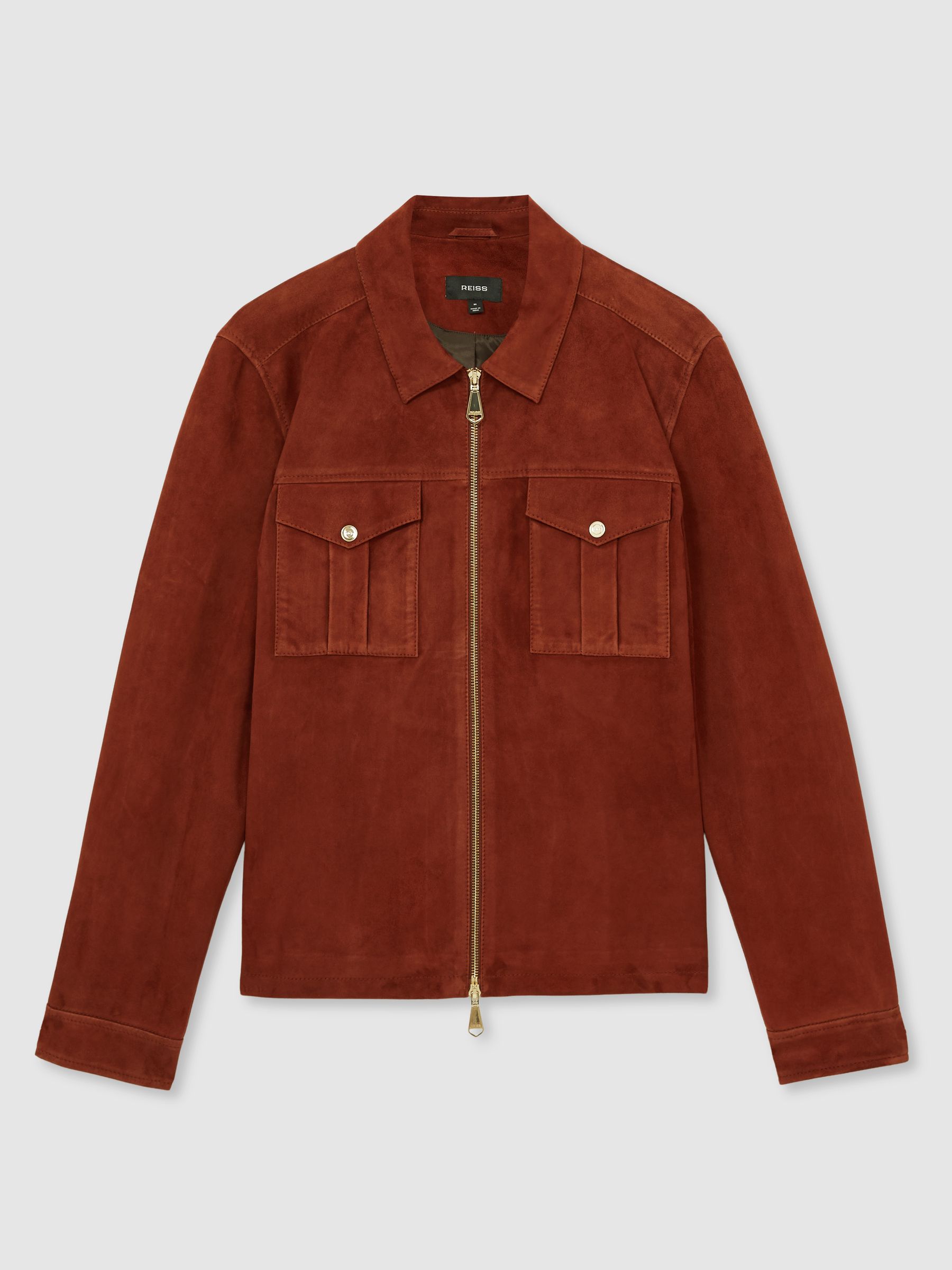 Suede Zip-Through Jacket in Burnt Red