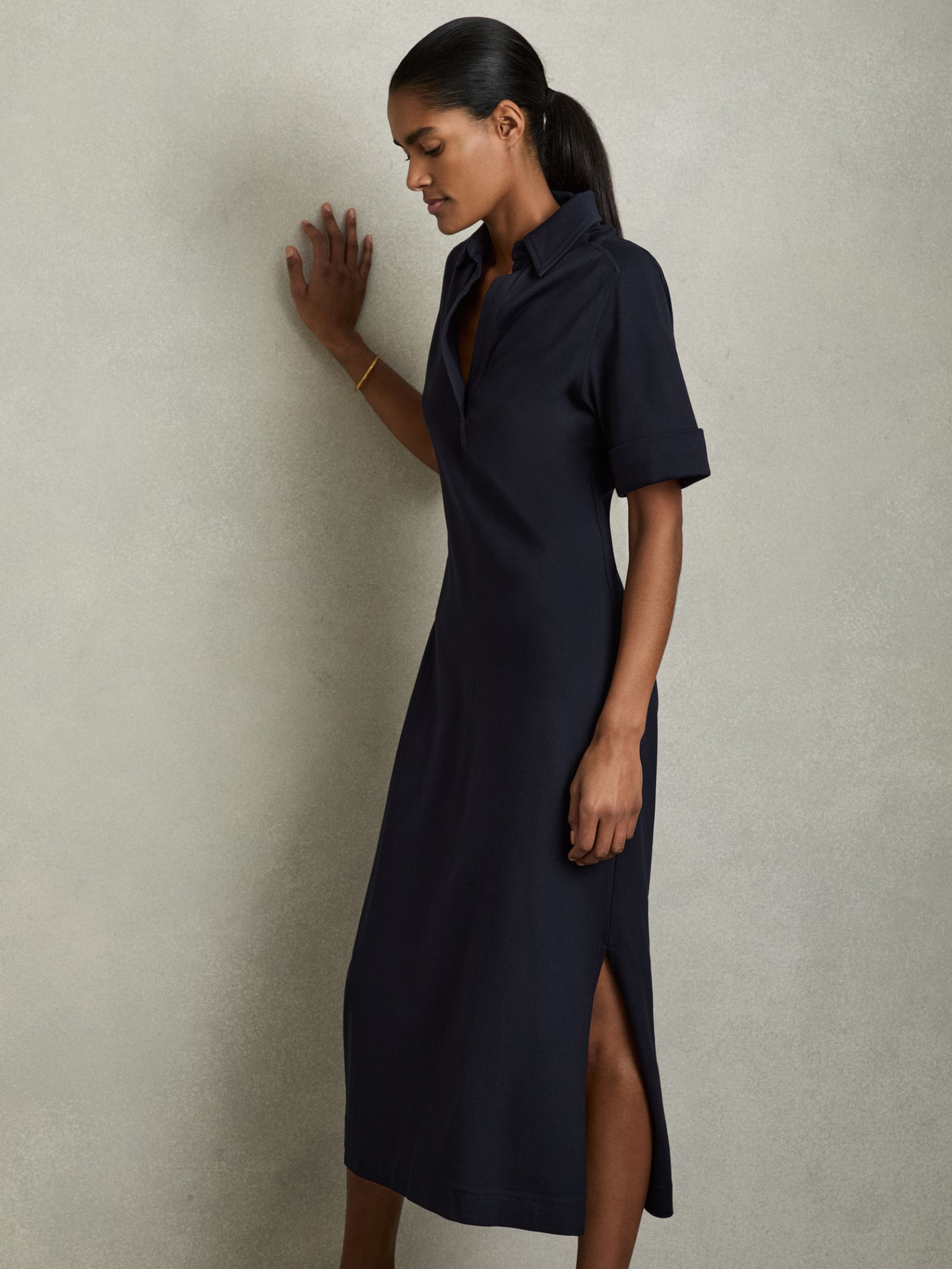 Jersey Open-Collar Bodycon Dress in Navy