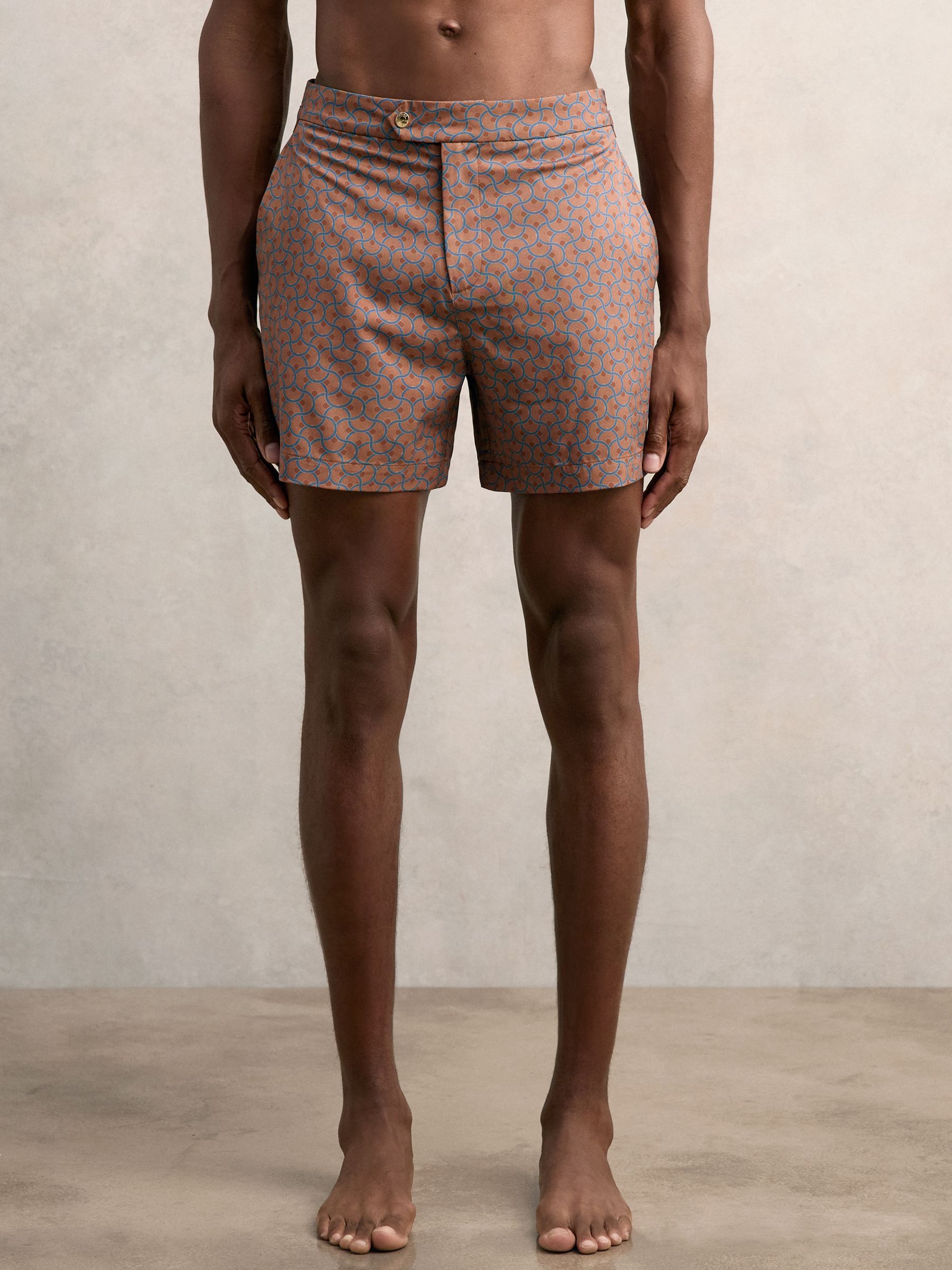 Geometric Print Swim Shorts in Tobacco Brown