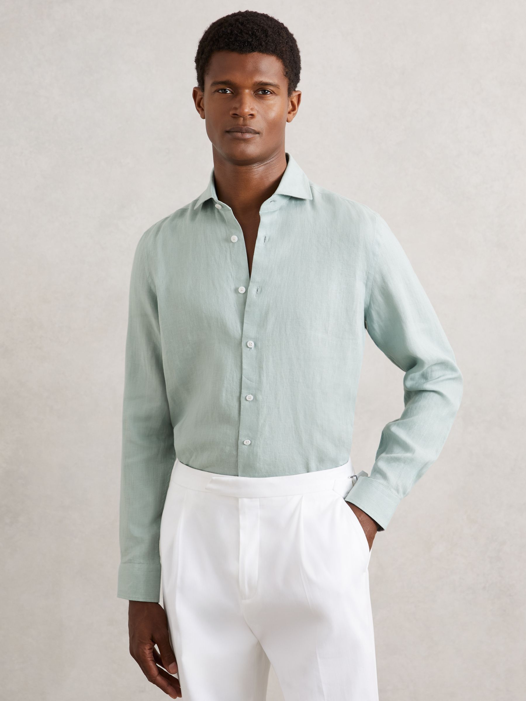 Linen Button-Through Shirt in Ocean Green