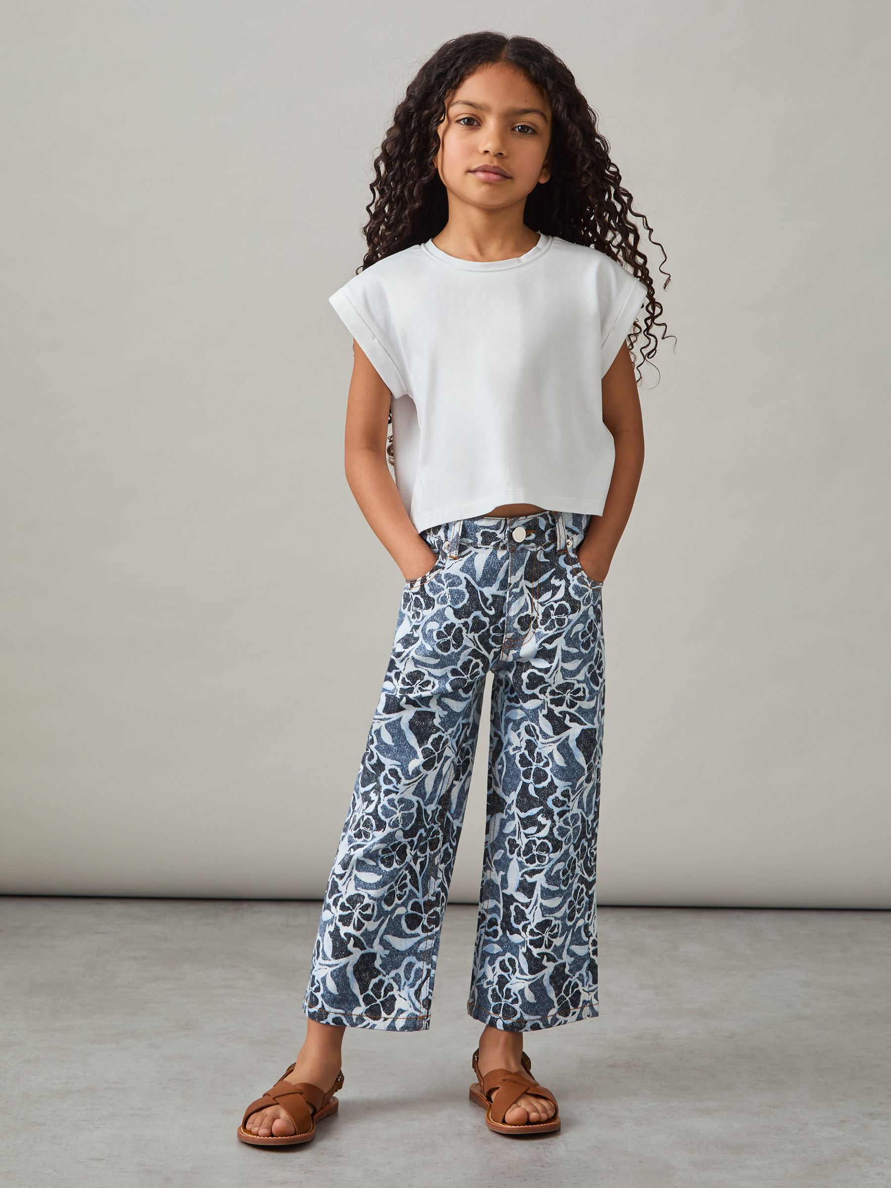 13-14 yrs Floral-Print Straight-Leg Jeans in Blue