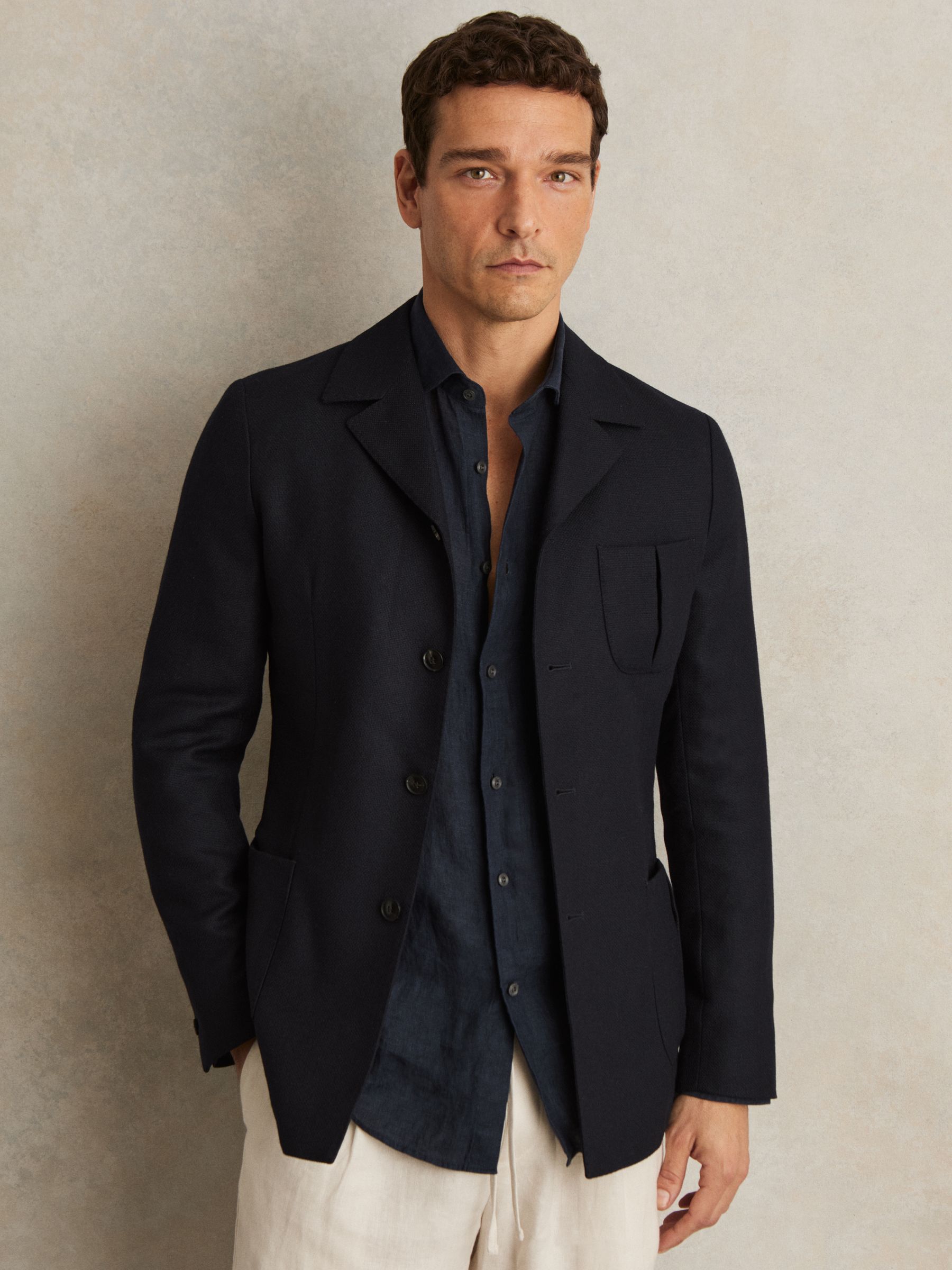 Wool-Blend Single-Breasted Blazer Slim-Fit in Navy
