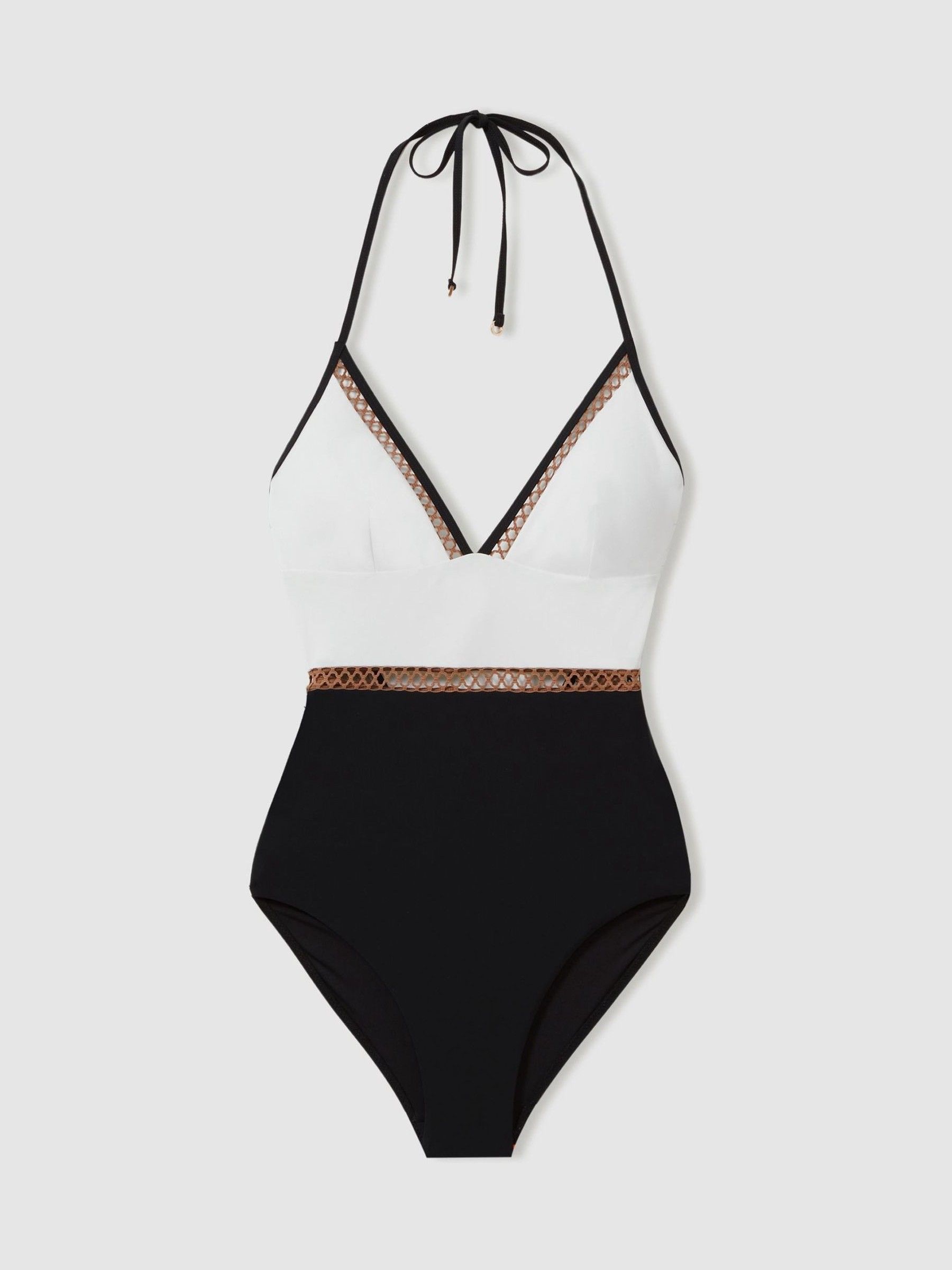 Colourblock Halter Swimsuit in White/Tan