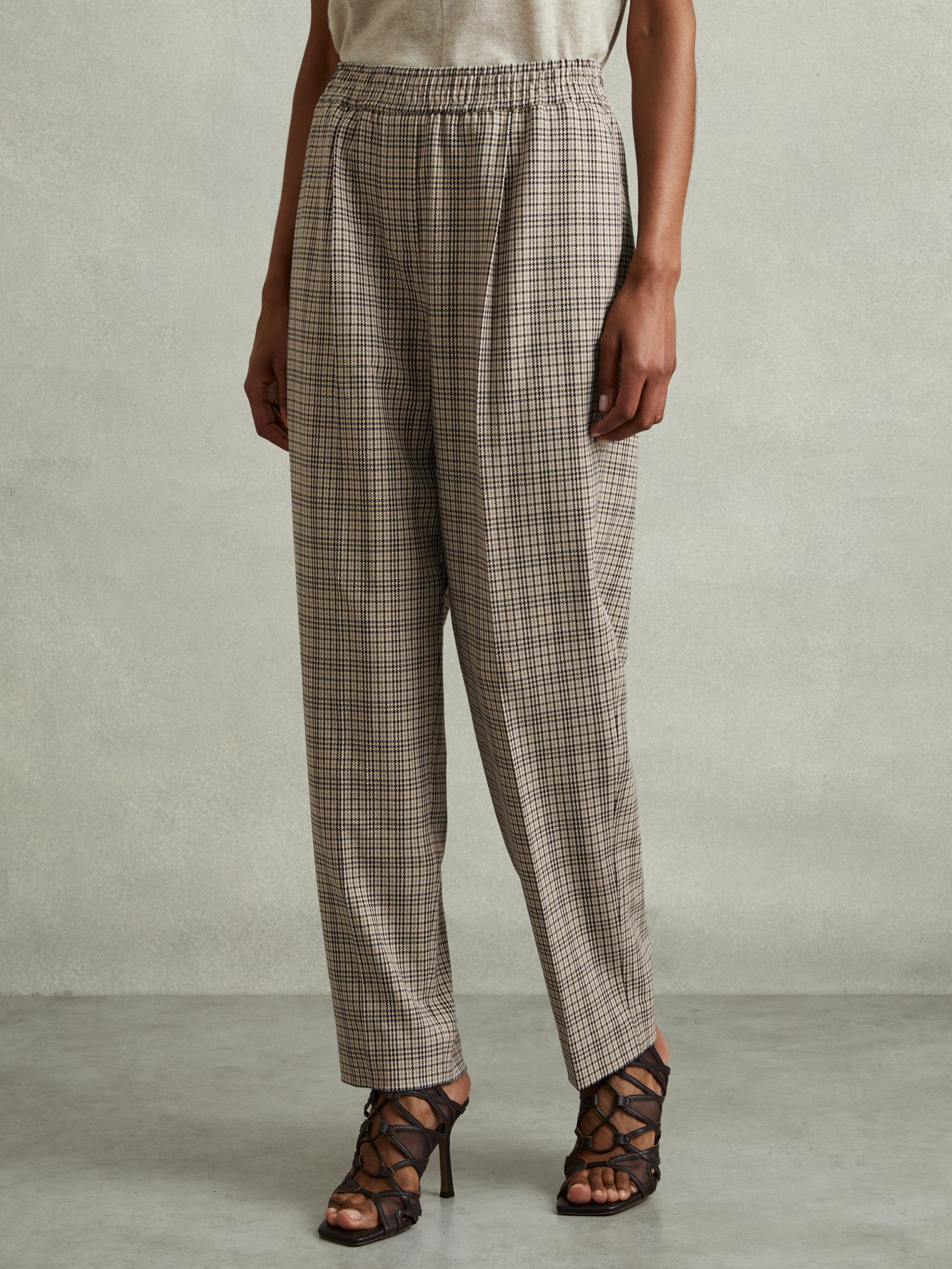 Karina Neutral Check Elasticated Waist Tapered Trousers