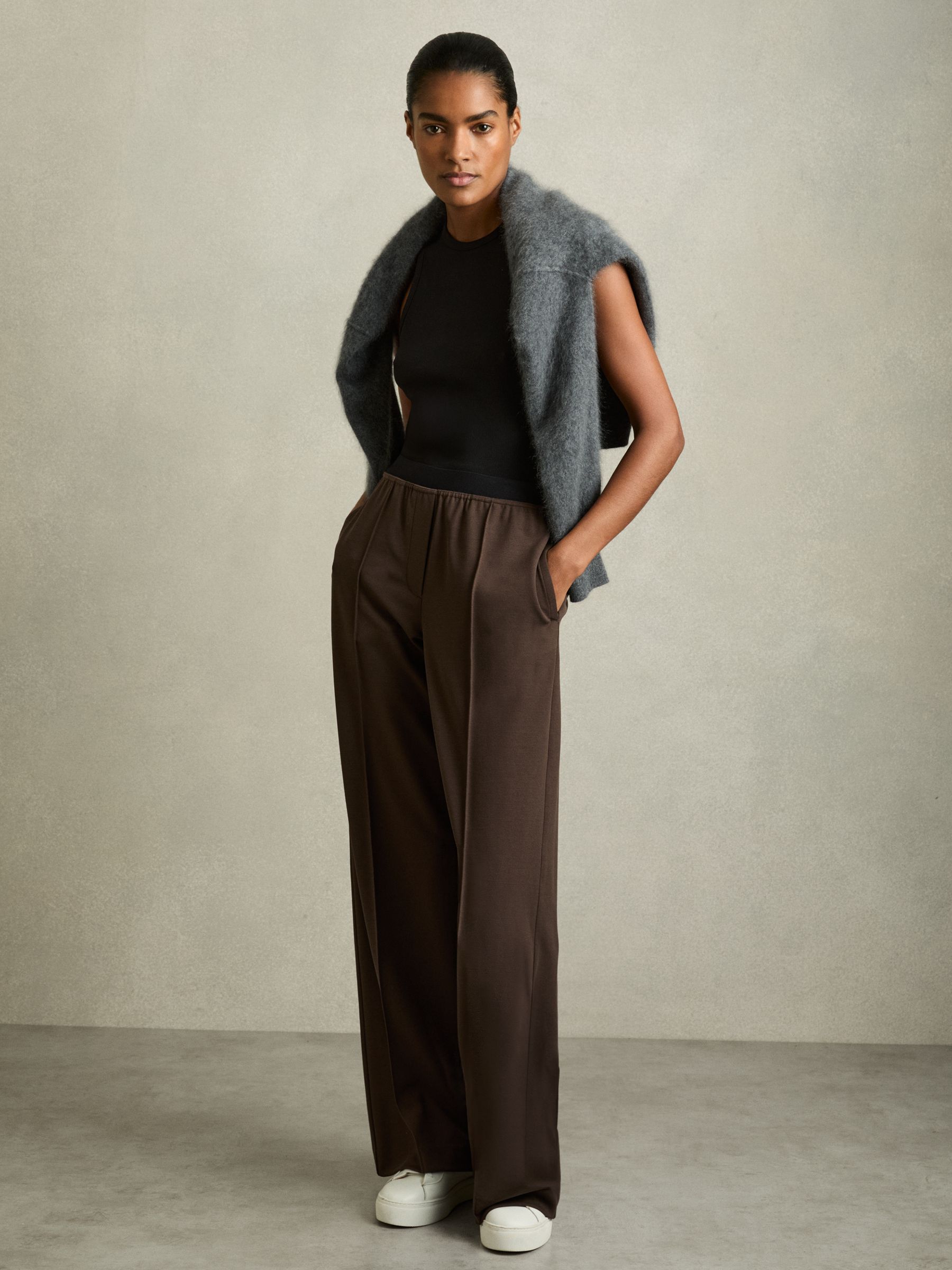 Wide-Leg Elasticated-Waistband Trousers in Chocolate Brown