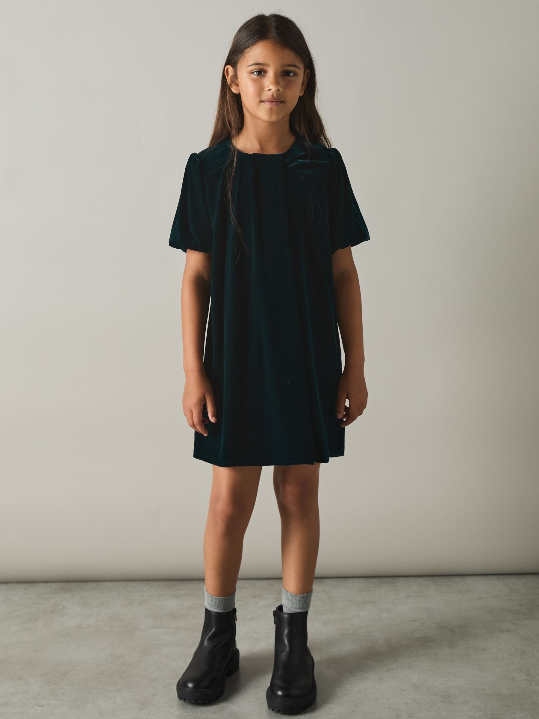 4-9 yrs Gathered-Velvet Shift Dress in Teal