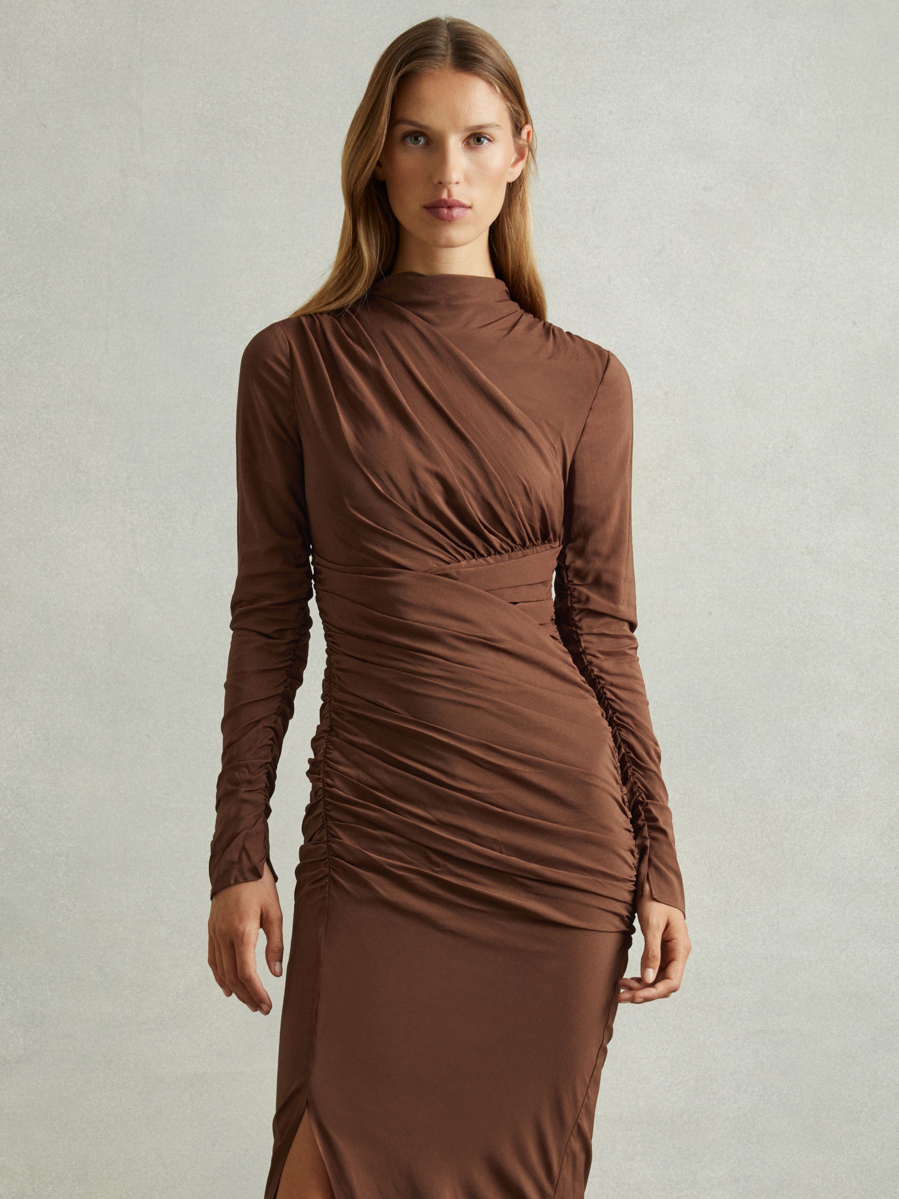 Kelly Chocolate Jersey Ruched Midi Dress