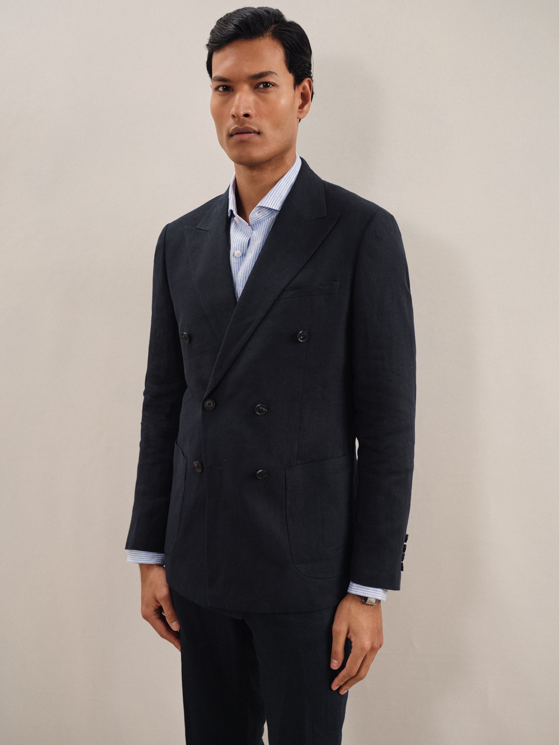 Linen Double-Breasted Suit Slim-Fit Blazer in Navy