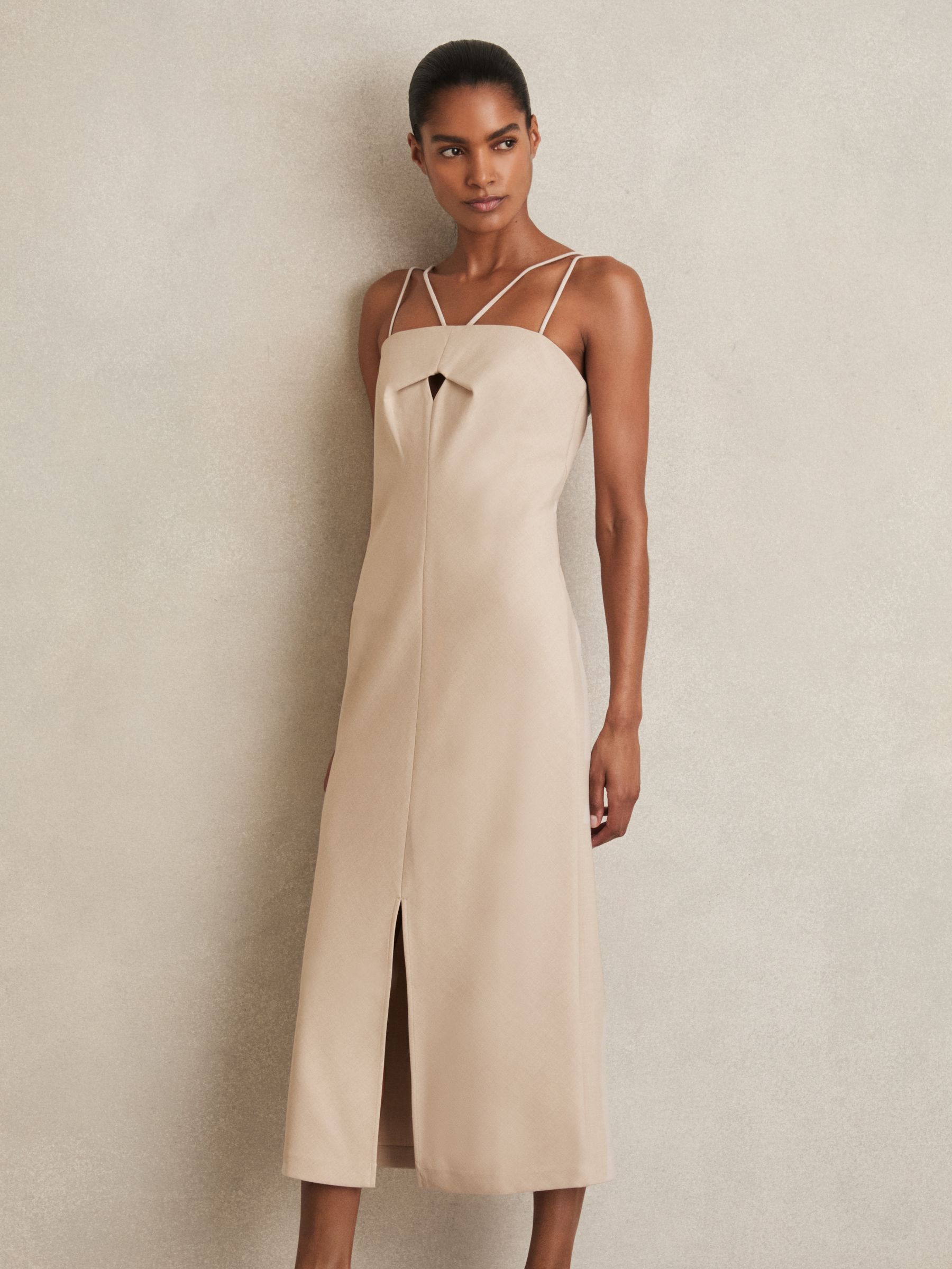 Double Strap Cut Out Midi Dress in Stone Neutral