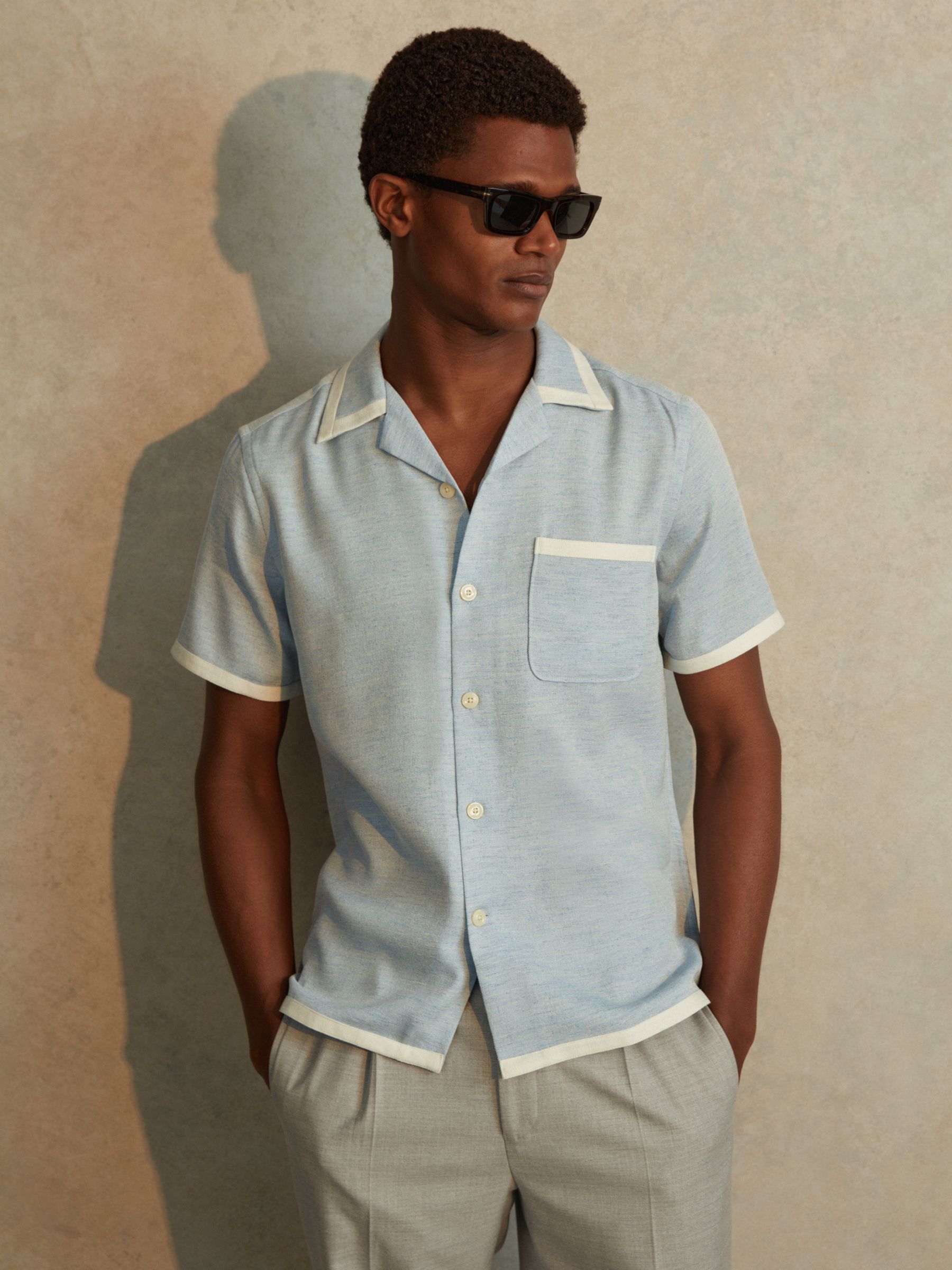 Contrast Trim Cuban Collar Shirt in Soft Blue/White
