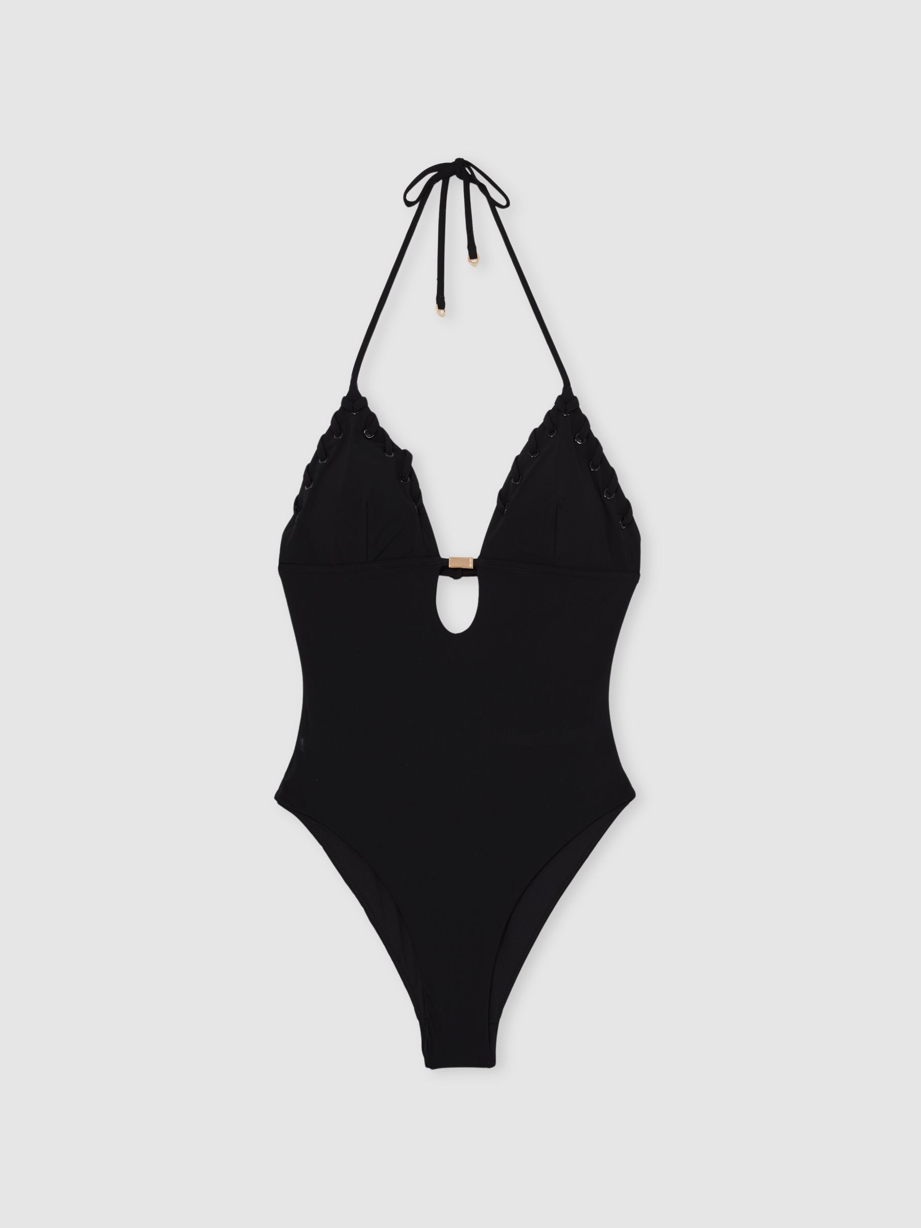 Whipstitch Halterneck Swimsuit in Black