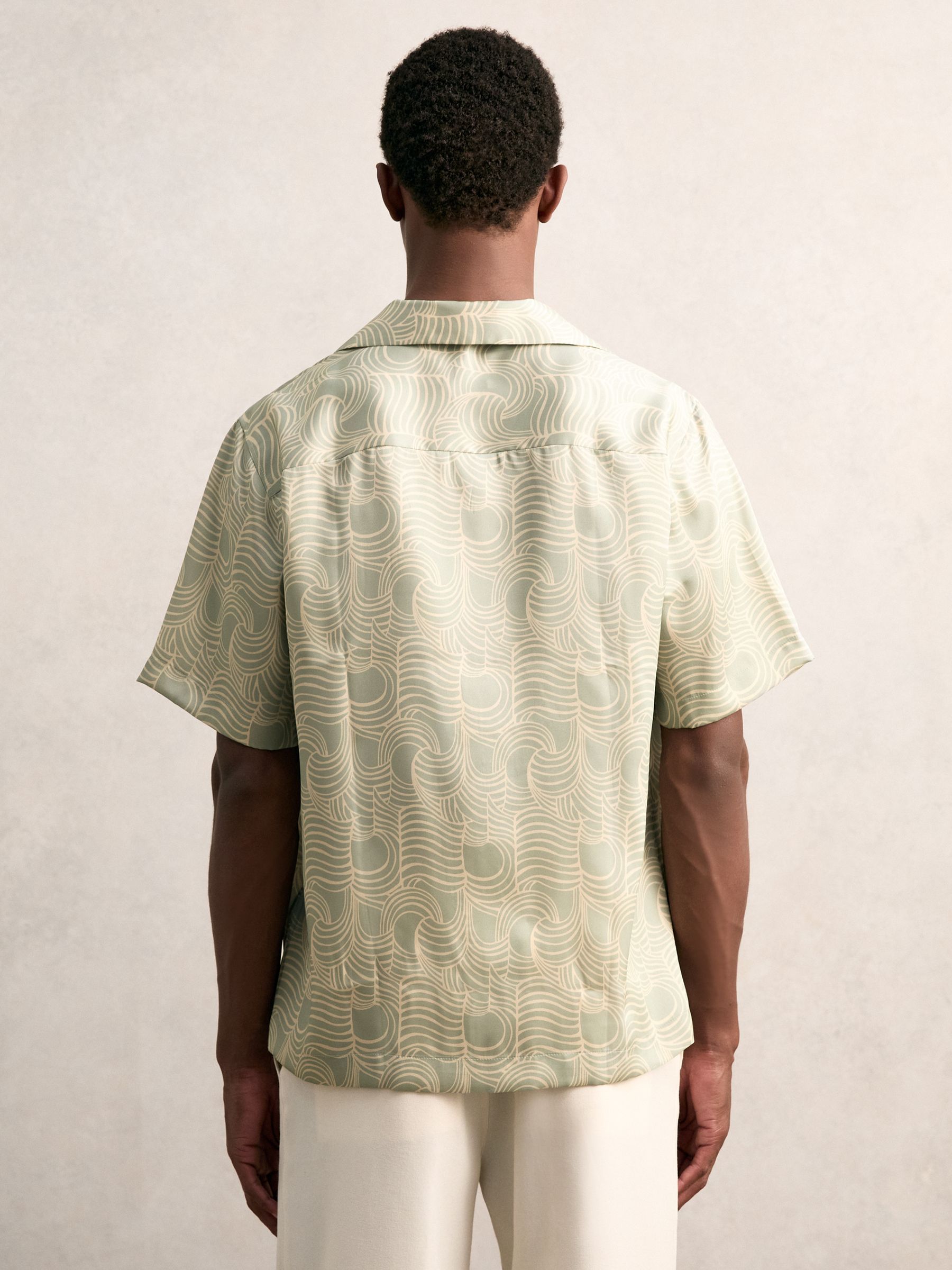 Wave Print Cuban Collar Shirt in Sage Green
