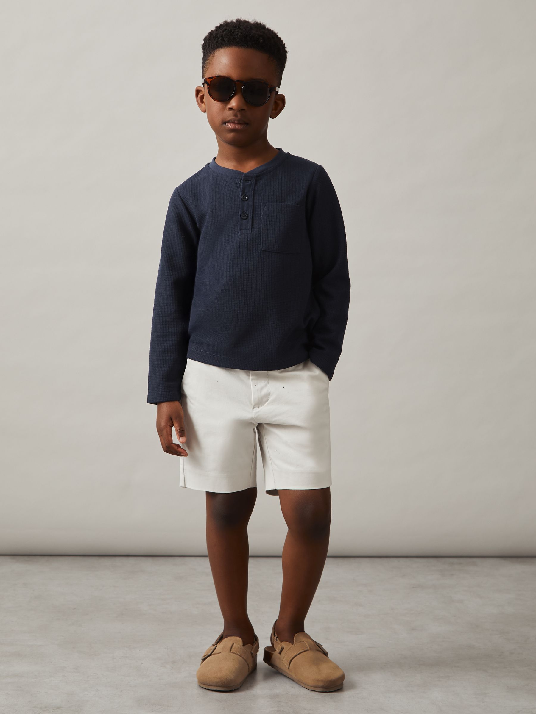 9-13 yrs Cotton-Blend Waffle Henley T-Shirt in Navy