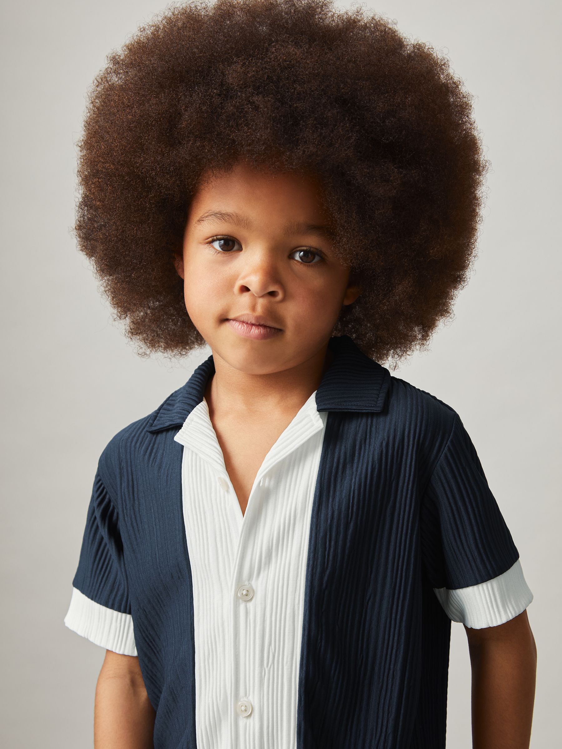 9-13 yrs Plissé Colour-Block Shirt in Navy/White