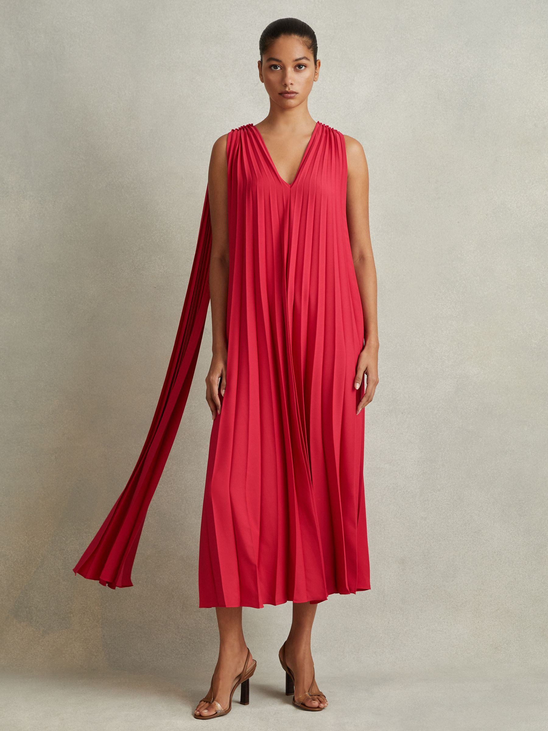 Pleated Cape Sleeve Midi Dress in Coral