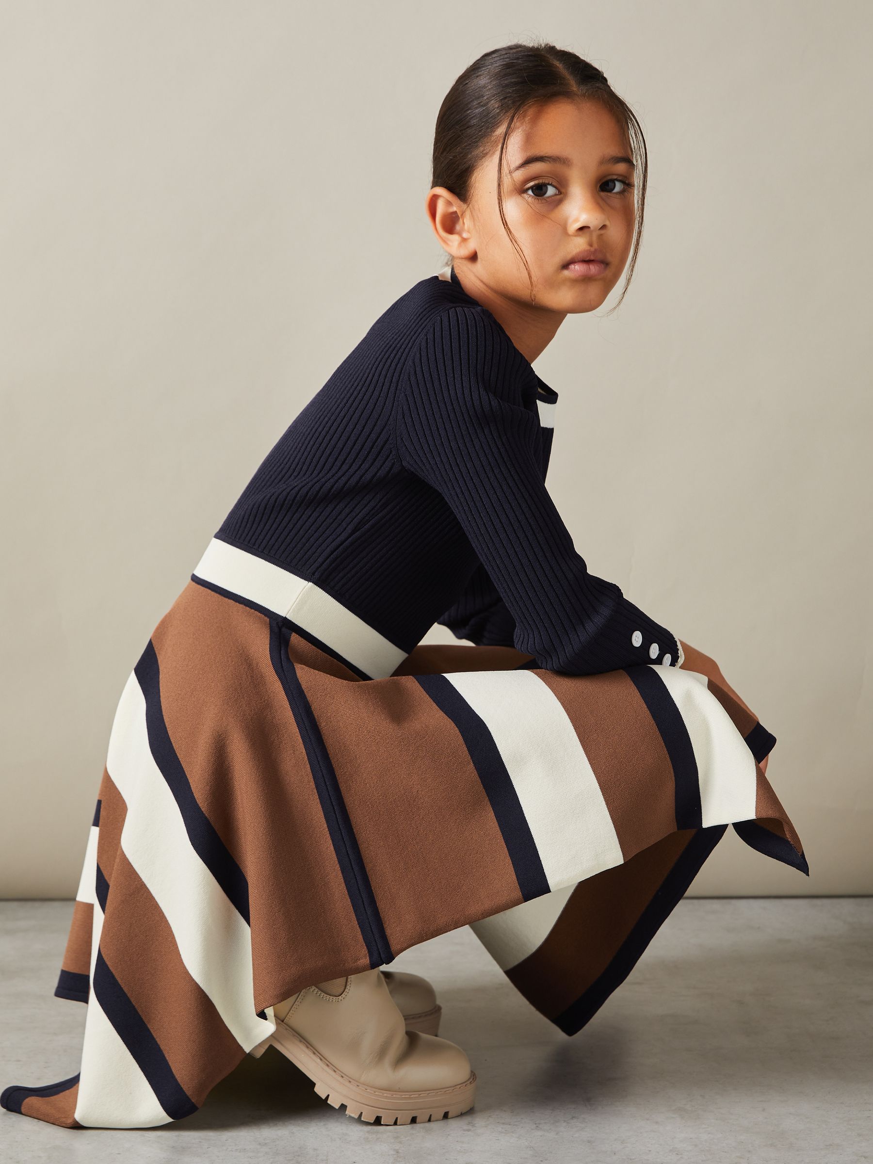 4-9 yrs Knitted Colourblock Asymmetric Dress in Navy