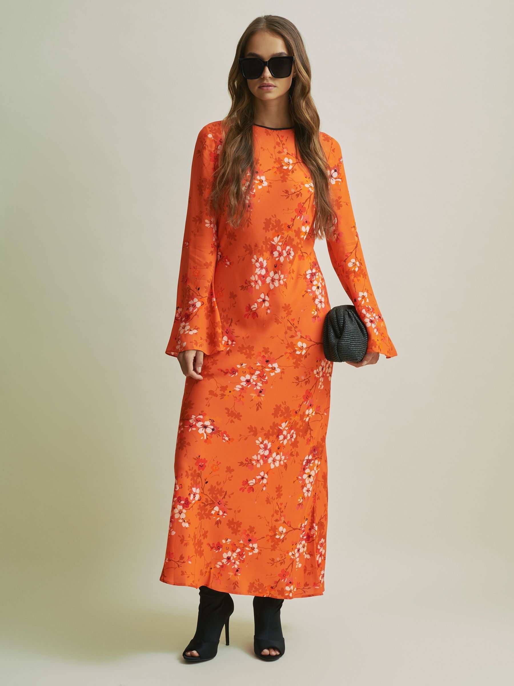 Florere Flute Sleeve Midi Dress in Orange