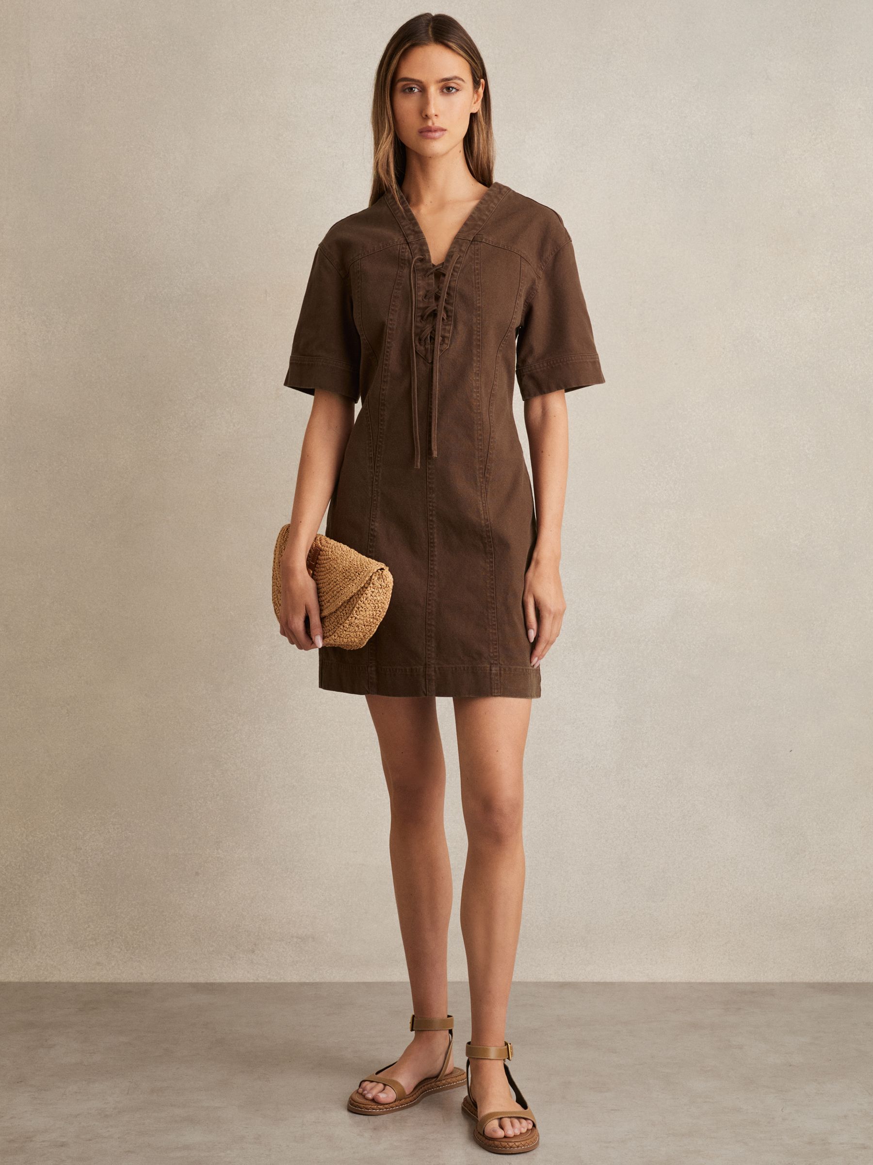 Lace Up Denim Shirt Dress in Chocolate