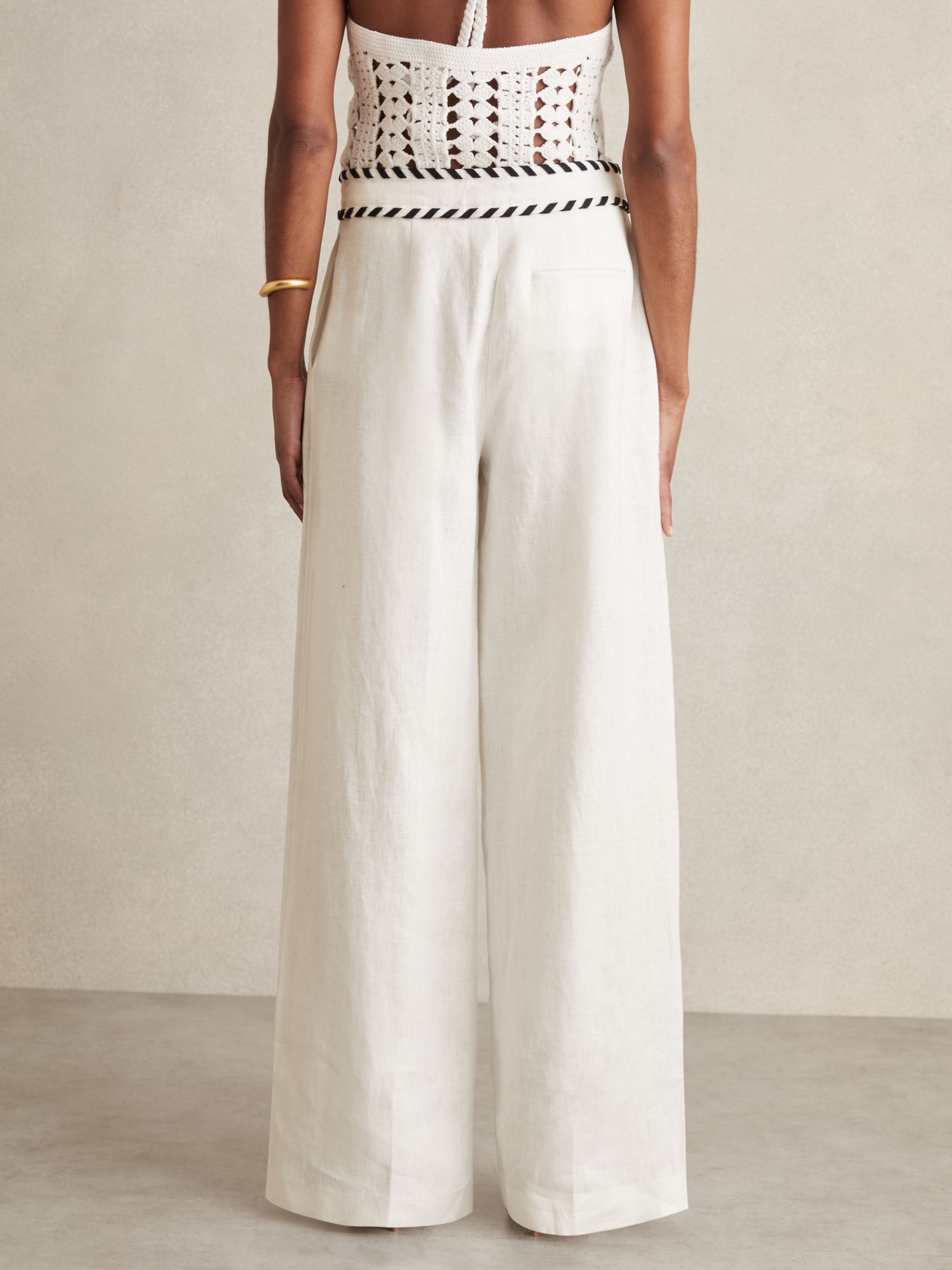 Petite Linen Wide-Leg Whipstitch Trousers in White