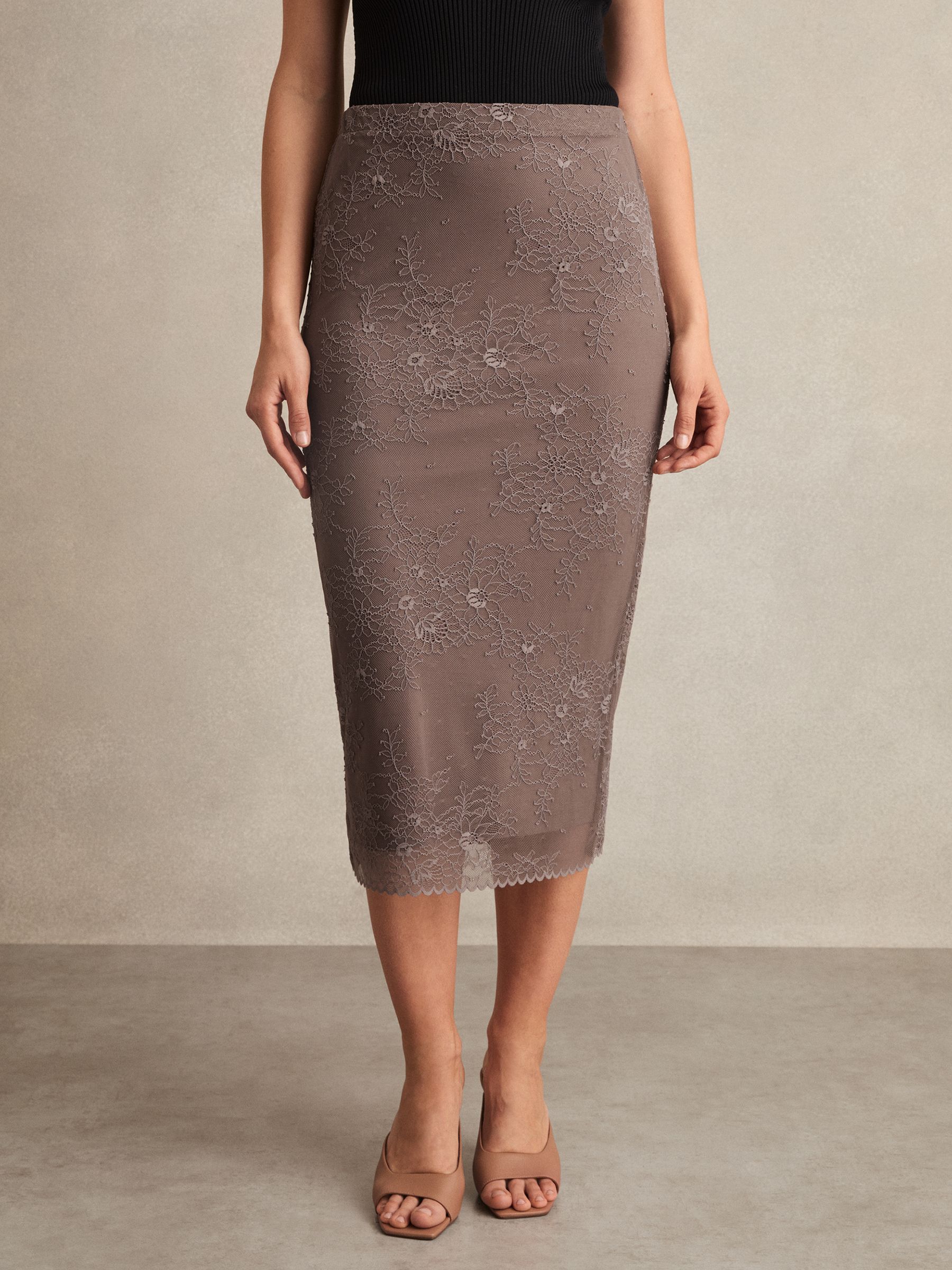 Lace Pencil Skirt in Taupe Brown