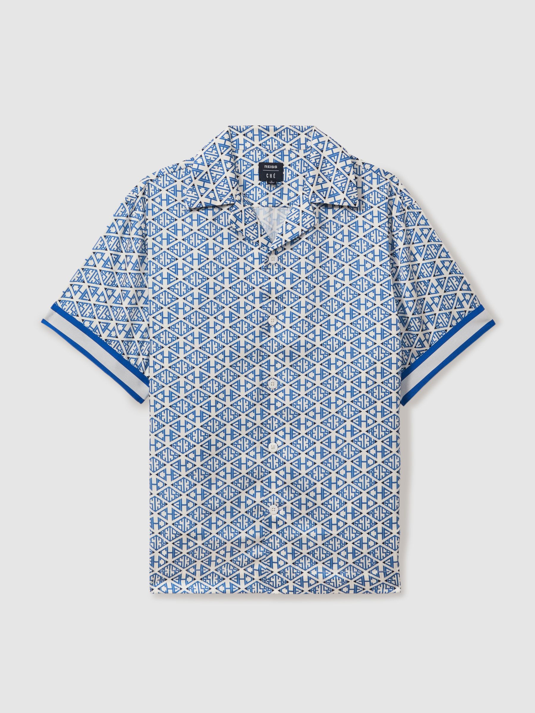 Reiss | Ché Monogram Print Cuff Detail Cuban Collar Shirt in Bright Blue/White