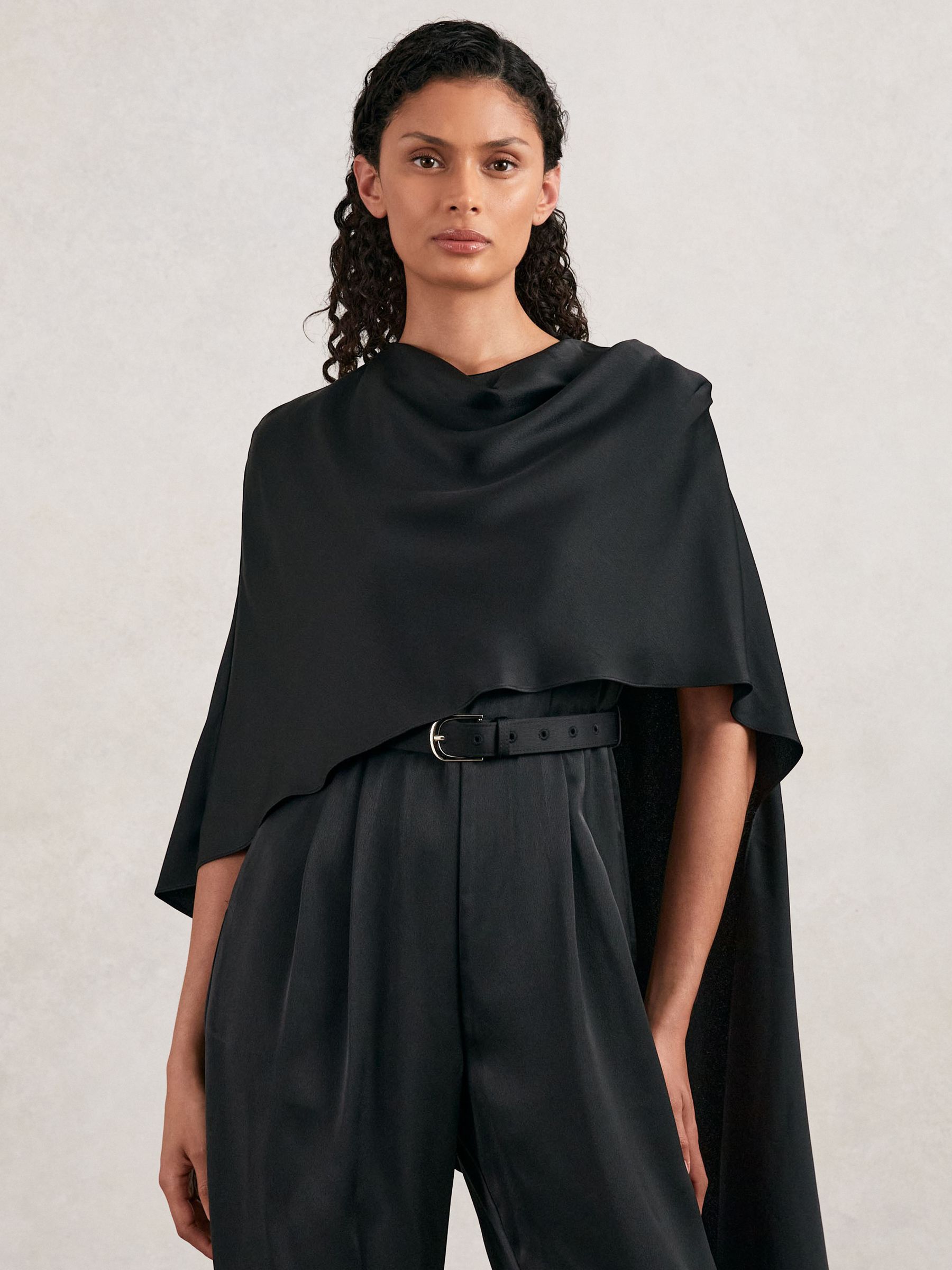Halston Crepe Wide Leg Cape Jumpsuit in Black