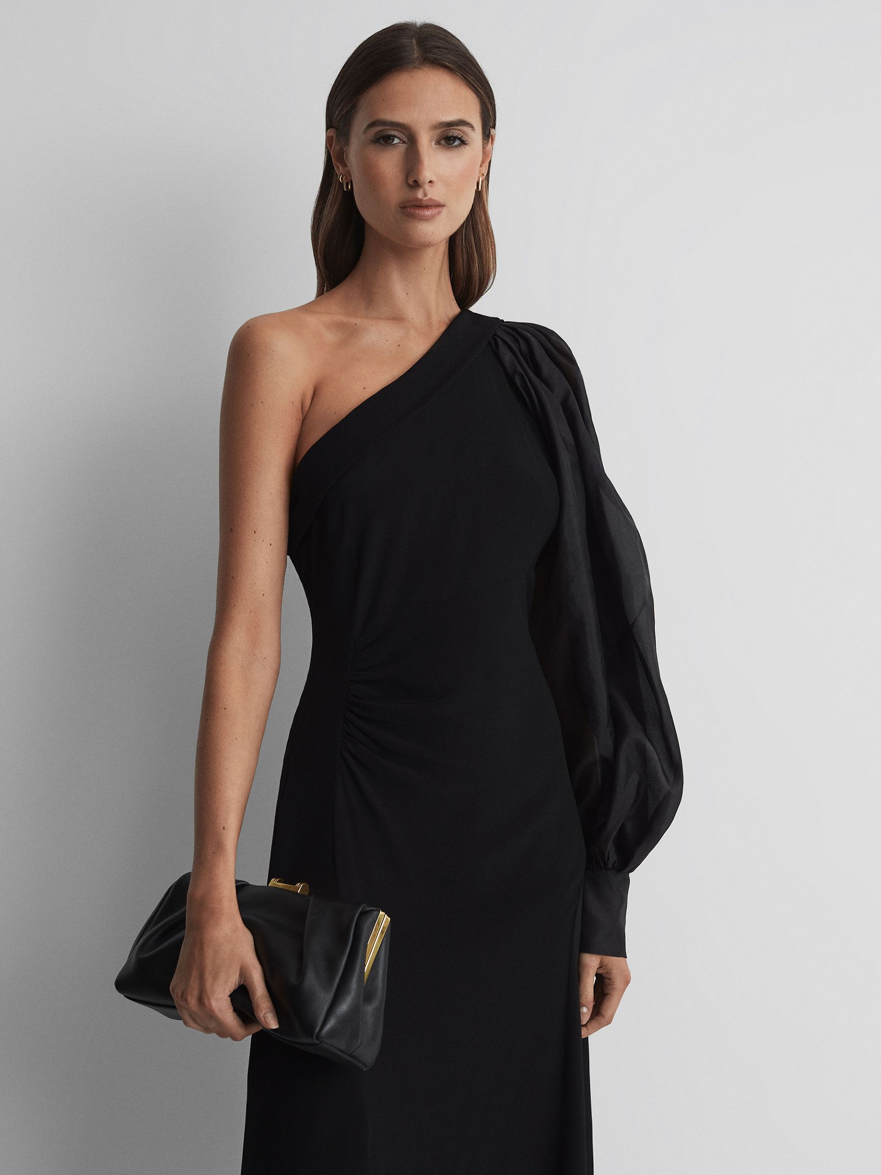 One-Shoulder Blouson Sleeve Midi Dress in Black