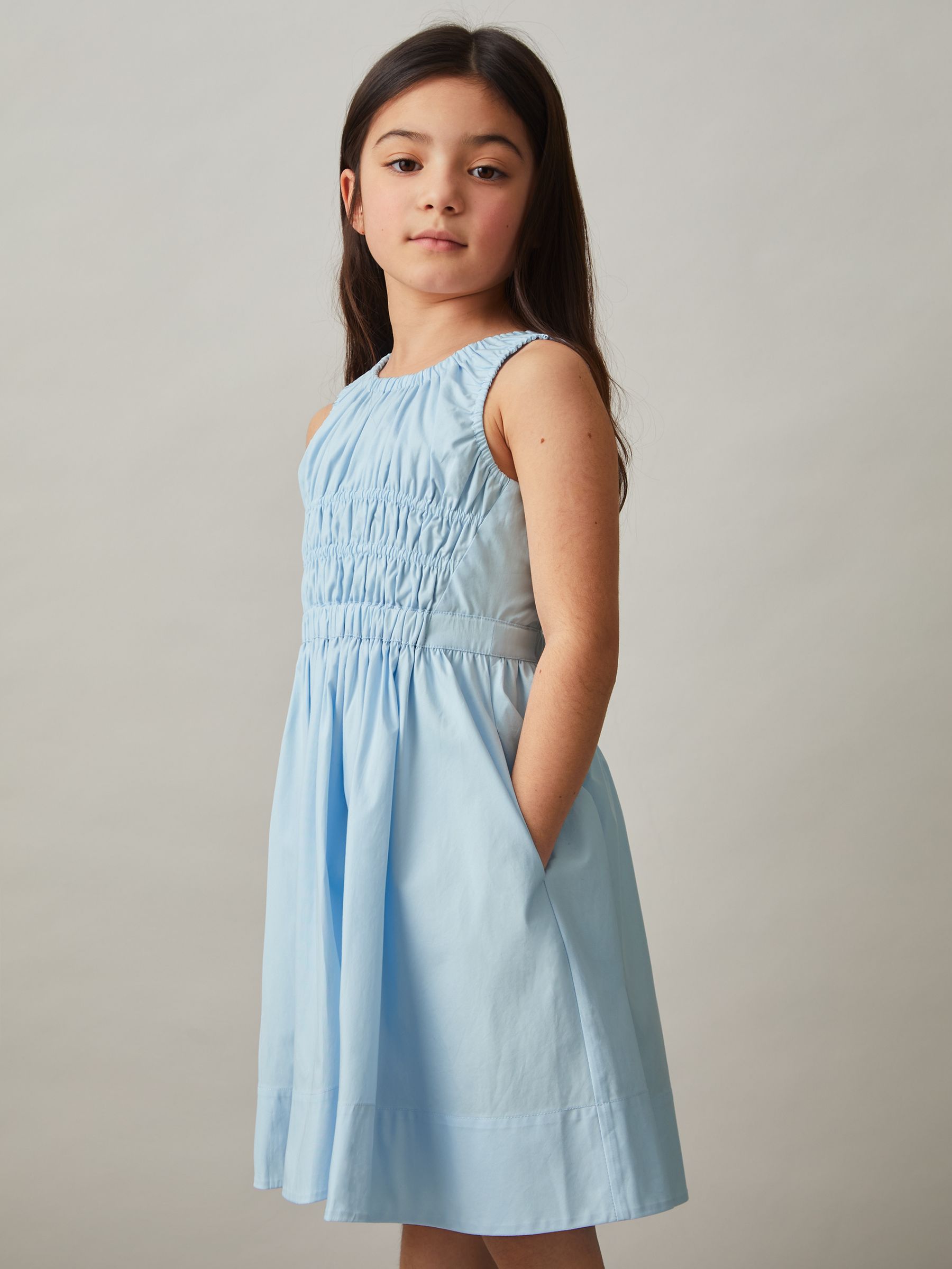 9-13 yrs Cotton Shirred Sleeveless Dress in Blue