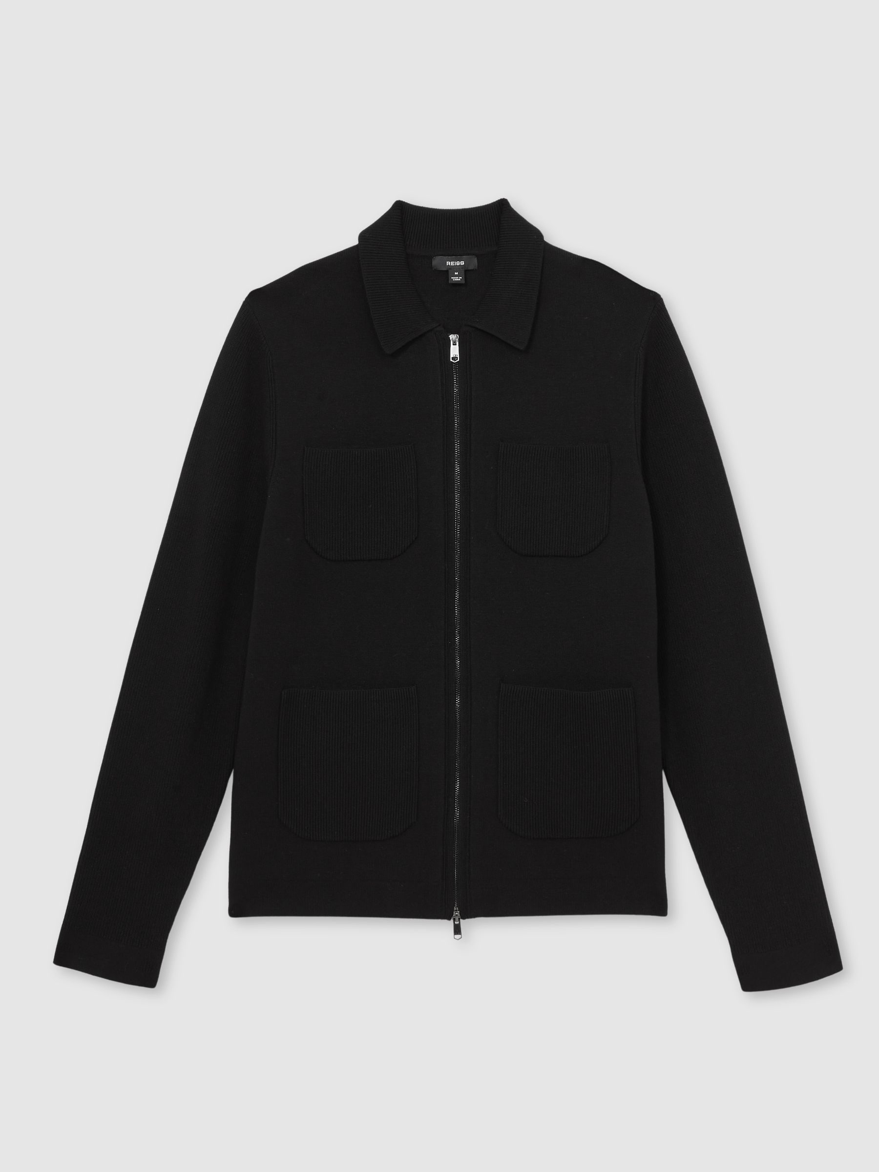 Four-Pocket Zip-Through Cardigan in Black