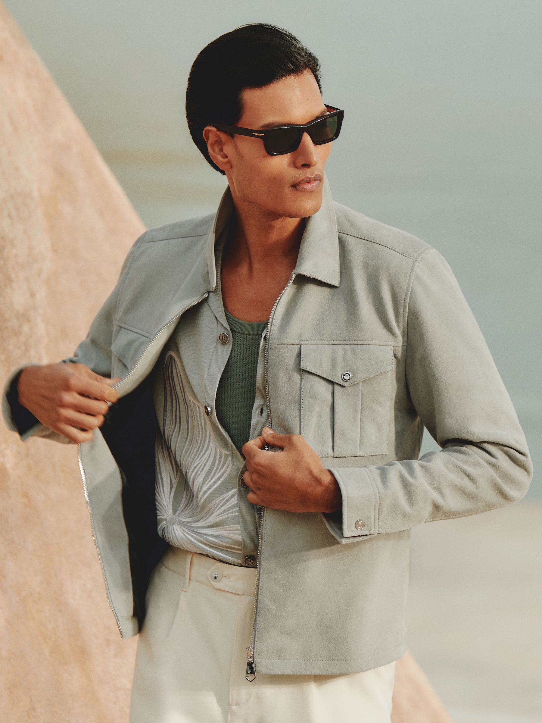 Suede Zip-Through Jacket in Soft Blue