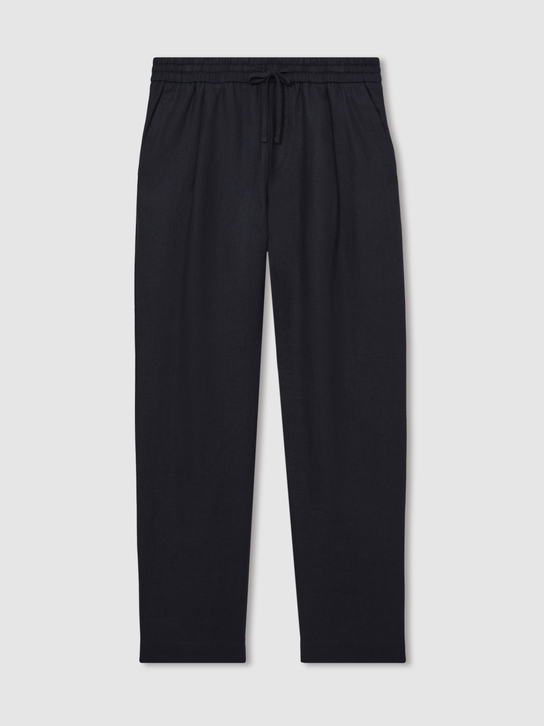 Linen Drawstring Relaxed-Fit Trousers in Navy