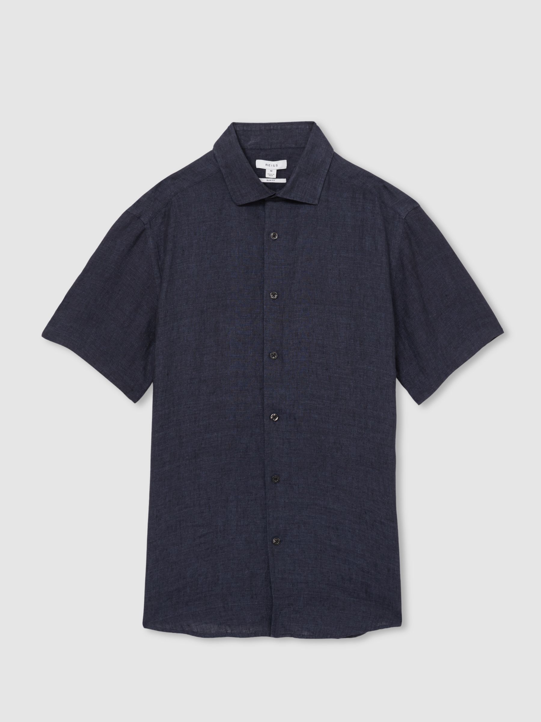 Slim Fit Linen Button-Through Shirt in Navy