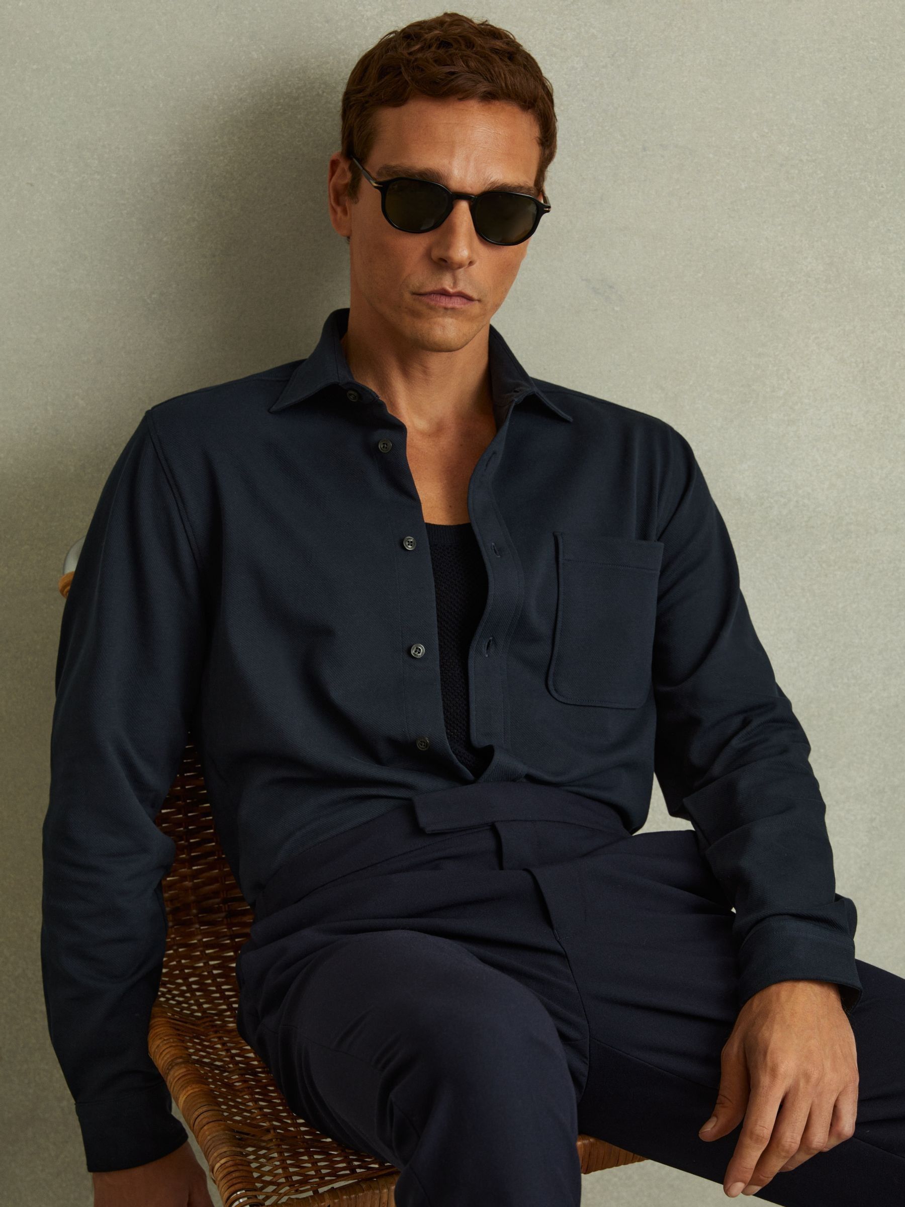 Cotton Blend Twill Overshirt in Navy