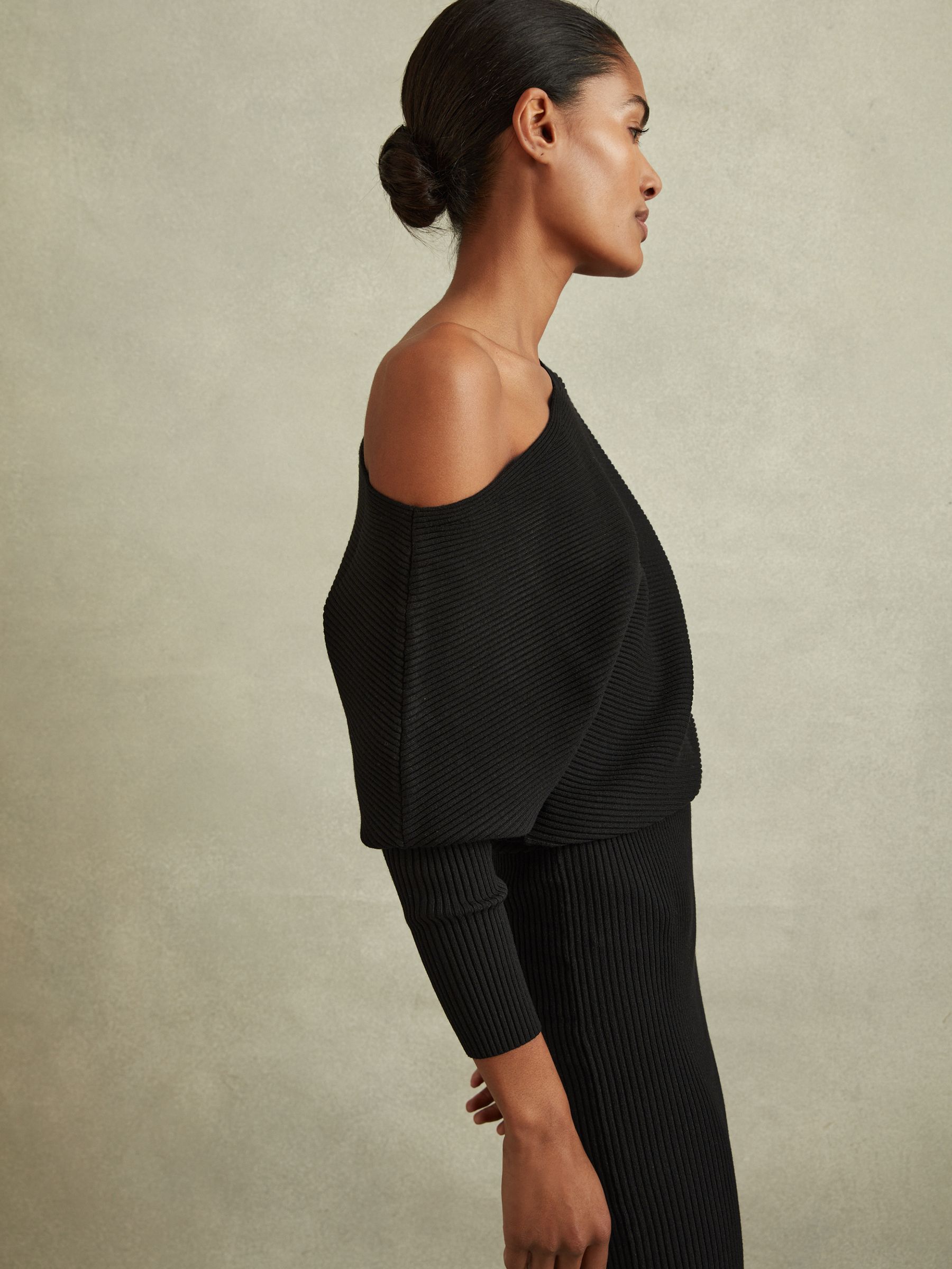Off-The-Shoulder Ribbed Midi Dress in Black