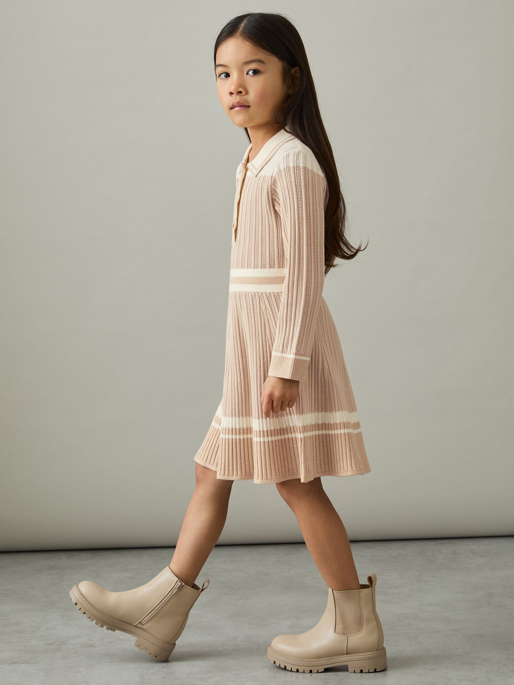 9-13 yrs Rib-Knit Pointelle Flared Dress in Pale Pink